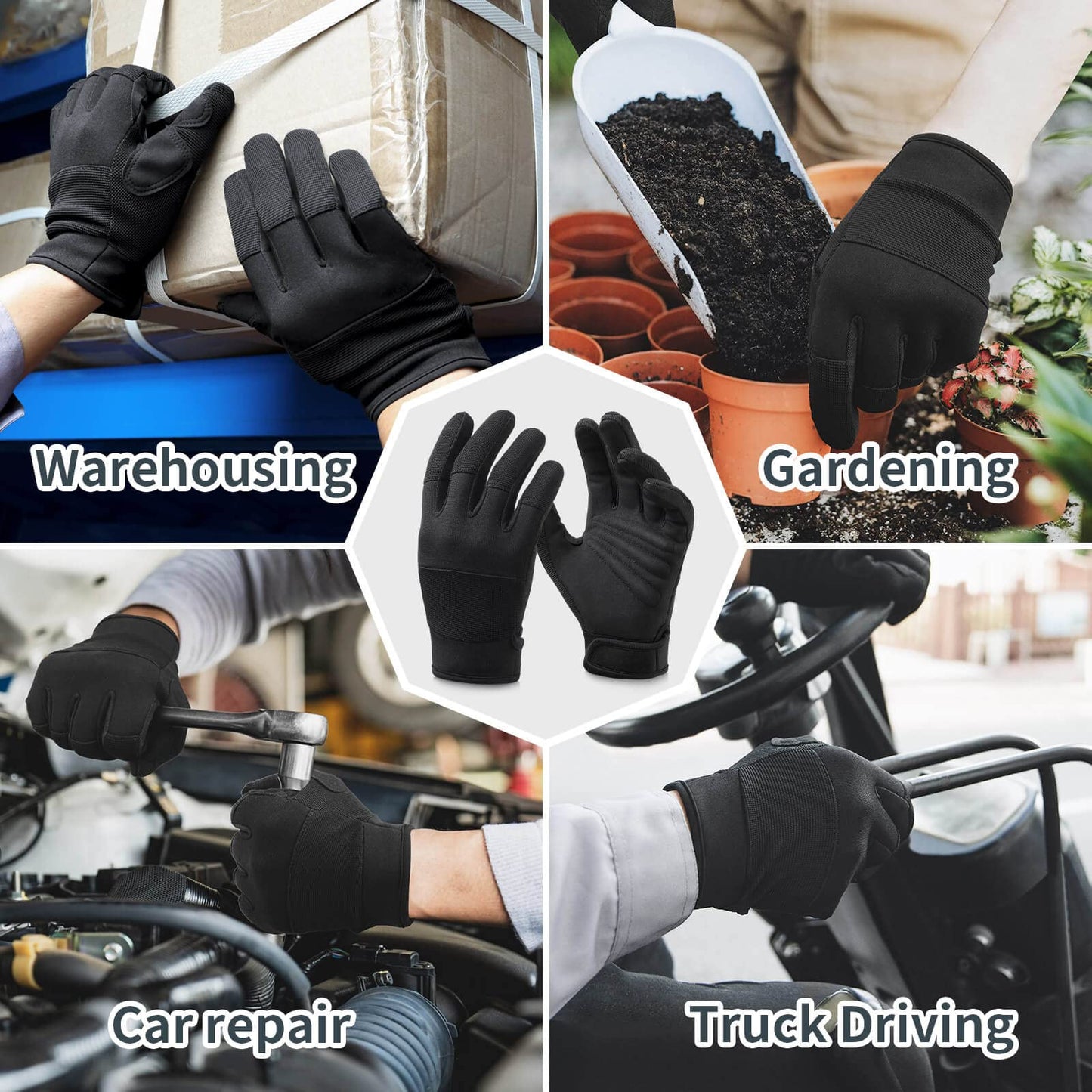 OZERO Medium Black Synthetic Leather Utility Gloves for Men and Women - Touch Screen Sensitive, Padded Knuckles, Adjustable Closure