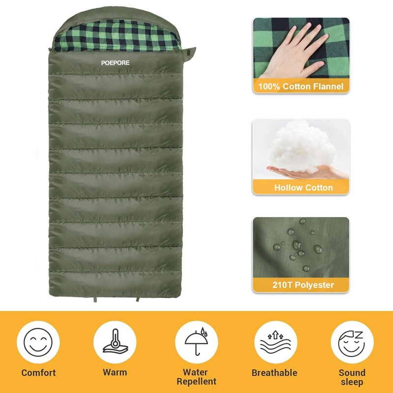 POEPORE 0 Degree Sleeping Bag 100% Cotton Flannel XXL Cold Weather Winter Oversized Sleeping Bag for Adults Camping Zero Degree Big and Tall with Compression Sack