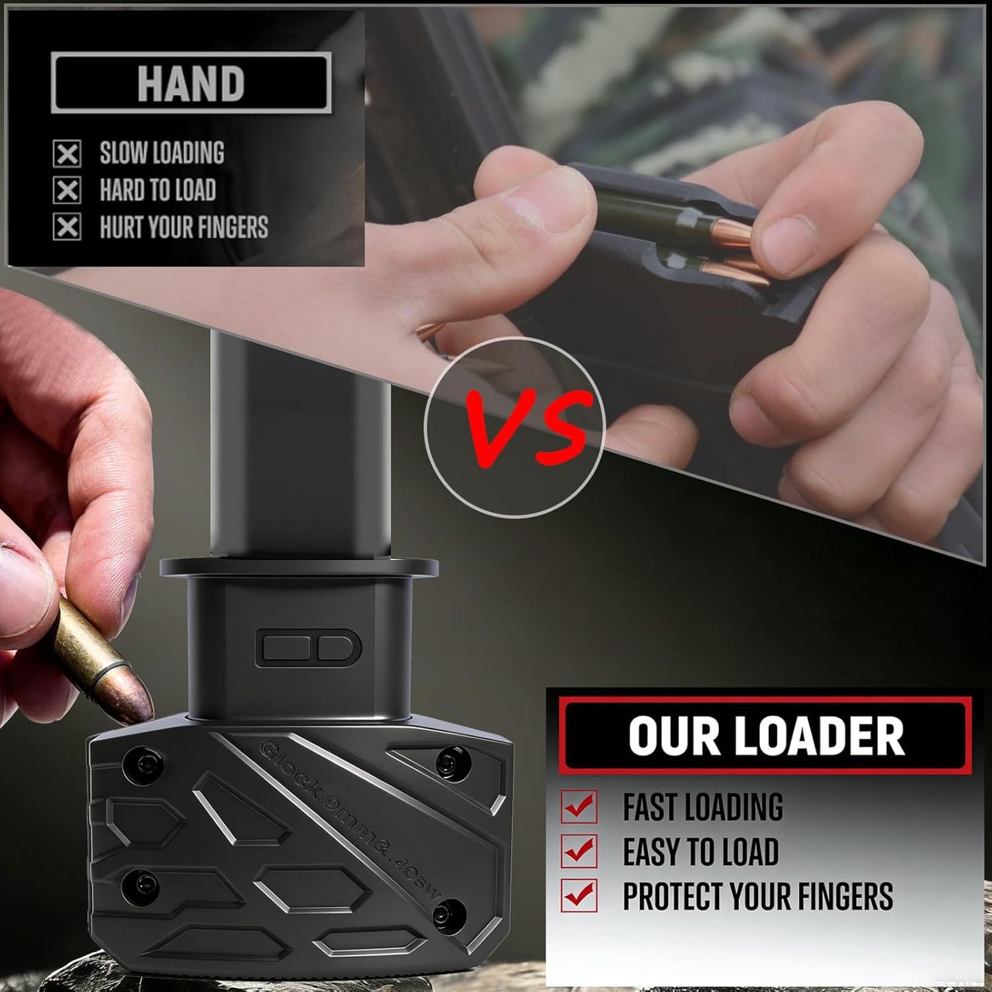 GLOCK Magazine Loader - 9mm/.40 S&W Compatible - Portable Black Design for GLOCK 17, 18, 19, 22, 23, 24, 26, 27, 34, 35, 45, 47