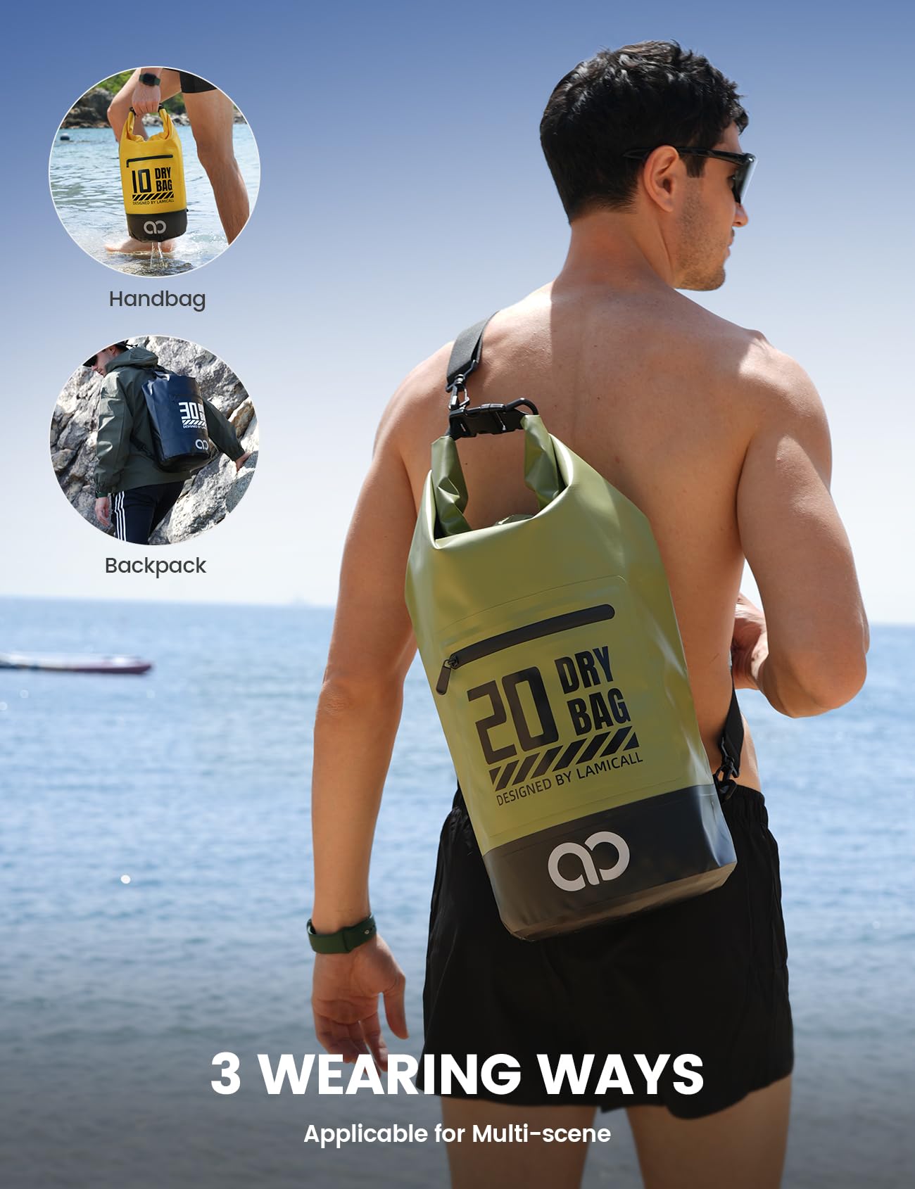 Lamicall Waterproof Dry Bag with Phone Pouch - 5L/10L/20L/30L/40L Floating Roll Top Backpack for Kayaking Boating Beach Camping Fishing - Heavy Duty 500D PVC Marine Dry Sack for Men, Women, Green 10L