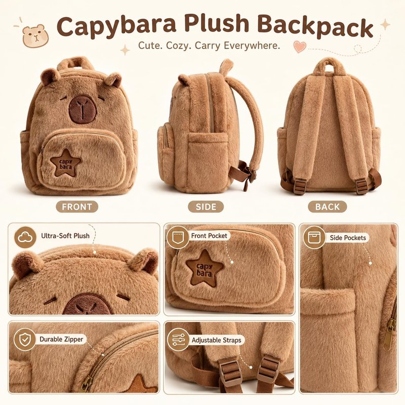 Capybara Plush Backpack, 11.8 Inch Kawaii Capibara Bag with Adjustable Straps, Soft Large Capacity Daypacks for Travel, Festival, Daily Outings, Gift for Teens Girls