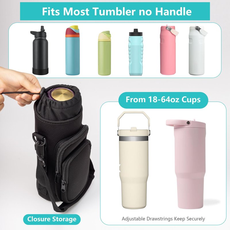 Water Bottle Carrier Bag,Water Bottle Holder with Straps Phone Pockets Fits Stanley IceFlow Owala 16/24/32/40oz Tumbler(Black)