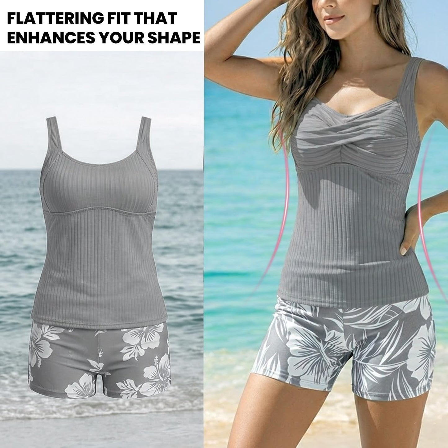 Daily Partner Women’s Modest Two Piece Swimsuit with Boy Shorts, Tummy Control, Body-Covering Printed Boxer Swimsuit for Beach & Pool (US, Alpha, 3X-Large, Regular, Regular, Gray)