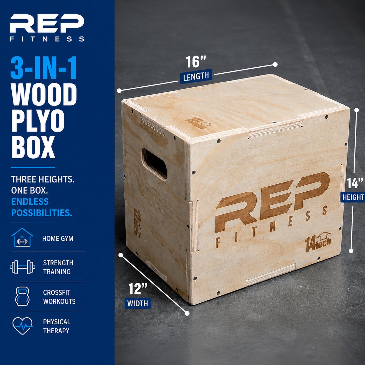 REP Plyometric Wood Jump Box | Strength Training | 16/14/12 Wooden Step Platforms | Gym & Sports Workouts | Fitness, Exercise, Physical Therapy Equipment | Pro Conditioning Tool