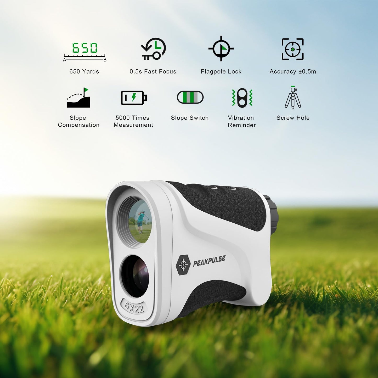 PEAKPULSE Golf Rangefinder 650 Yards with Pin Seeker & 6X Magnification - High Clarity LCD Display, Slope Mode, Waterproof Laser Range Finder for Golfing (No Magnets)