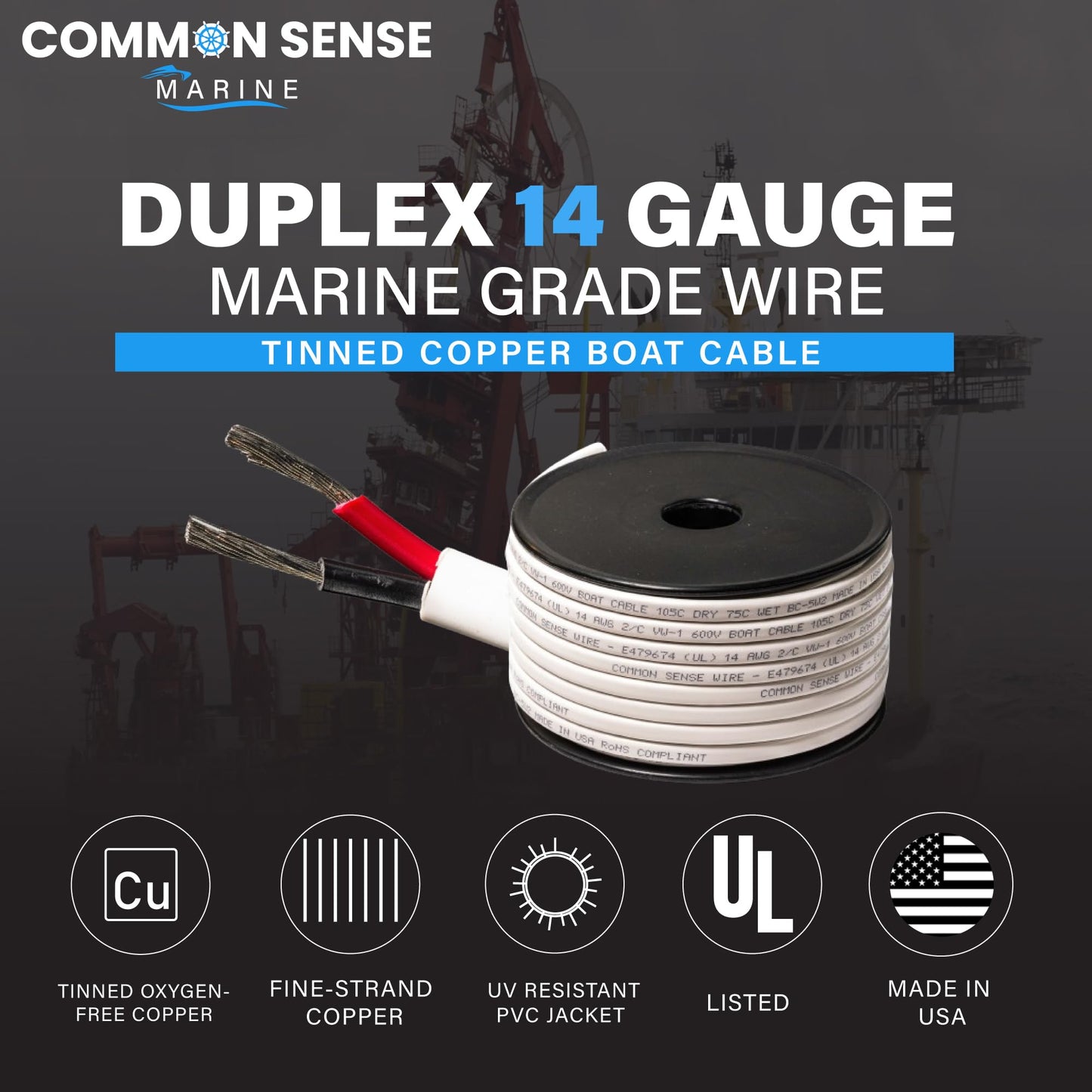 14 Gauge 2 Conductor Marine Wire - 200 ft Duplex Flat Marine Grade Wire Tinned Copper Oxygen-Free Insulated - 14/2 AWG UL 1426 Standard PVC Wire for Boat, Automotive, Speakers, Camper & Trailers