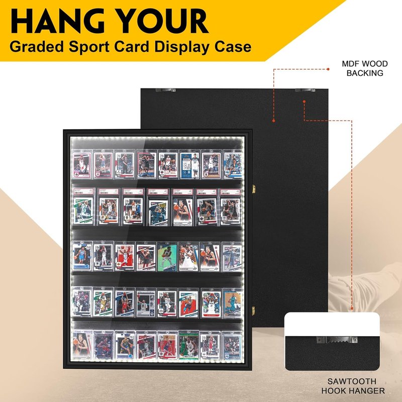 Baseball Card Display Case with LED Light - Large Wooden Cabinet for 40 Cards | Ideal for Sports Collectibles