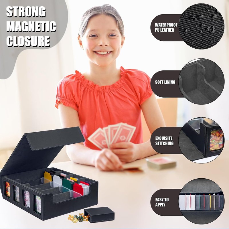 Trading Card Storage Box - 3200+ MTG Commander Deck Organizer with Window, Dice Tray & 30 Dividers | Black Grey