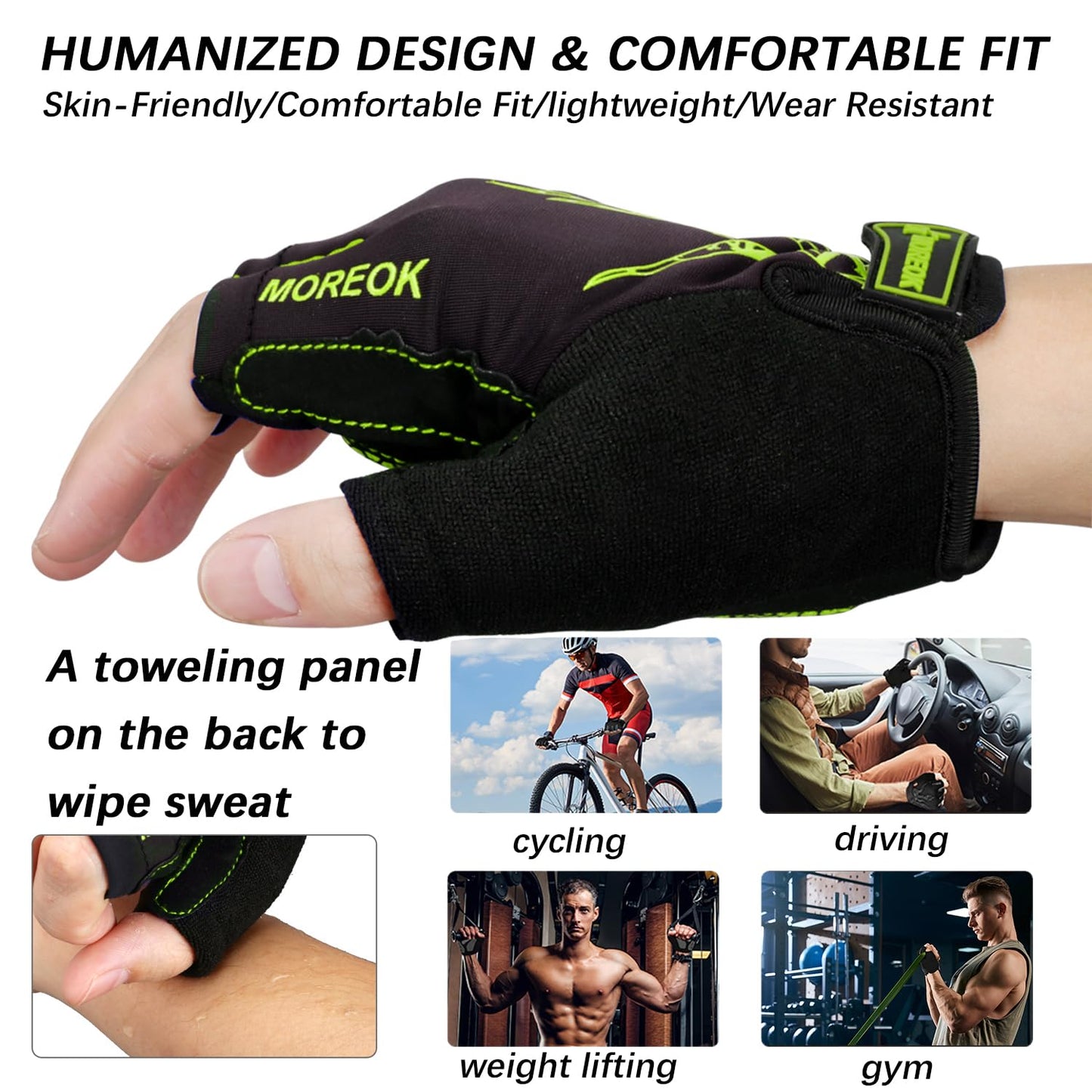MOREOK Cycling Gloves Bike Bicycle Gloves, Half Finger 5MM Gel-Green-XL