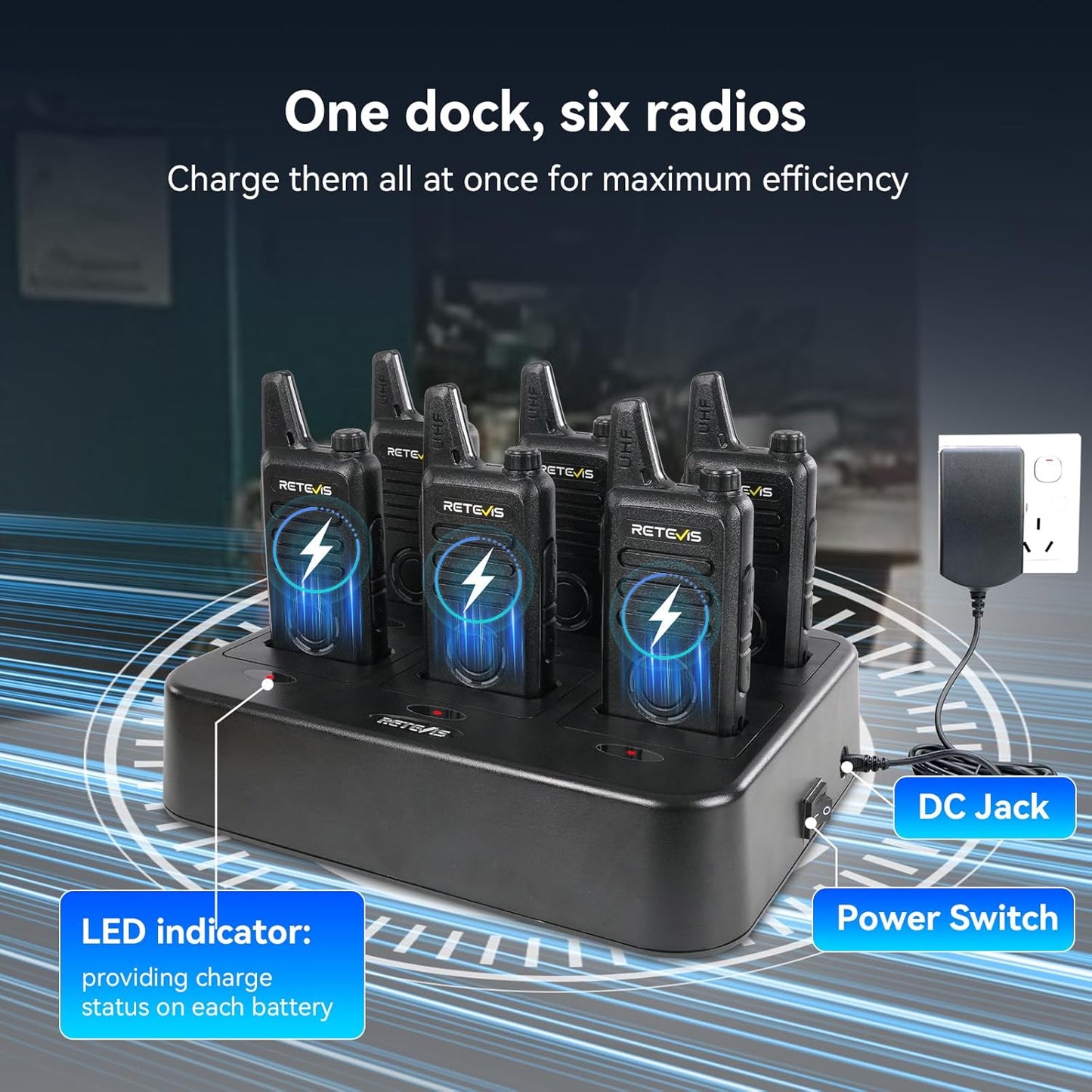 Retevis RT22S Rechargeable Long Range Walkie Talkies - 2 Way Radios with Earpiece & Mic Set | 6 Pack with Multi Gang Charger