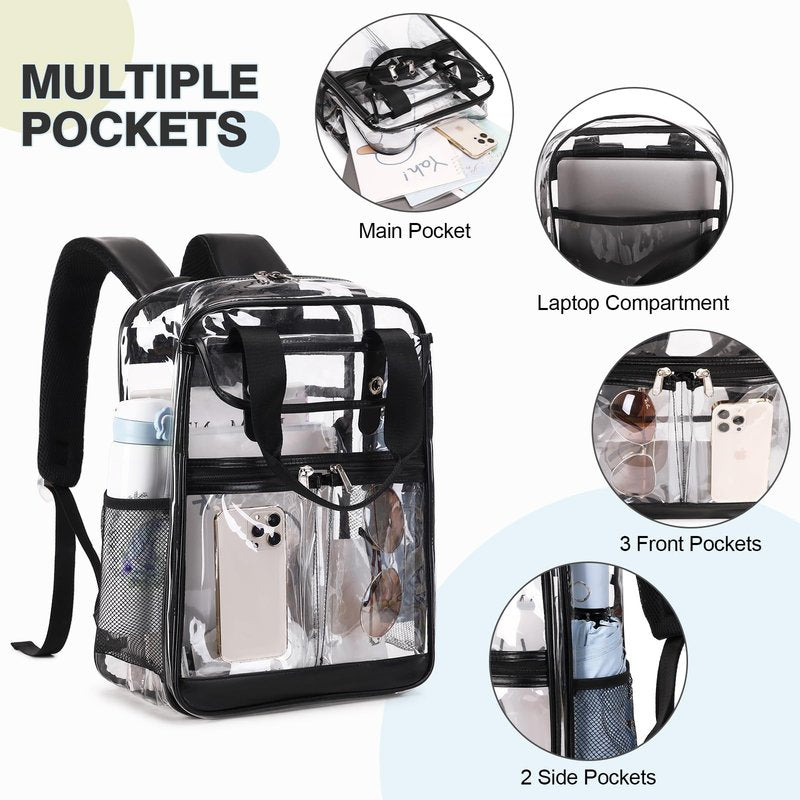 2PCS Clear Backpack for Women Men Girls Boys, Heavy Duty Clear Backpack with Clear Tote Bag for Stadium Events, See Through Backpack, Large Transparent Backpack Clear Bookbag for Concert Work Travel