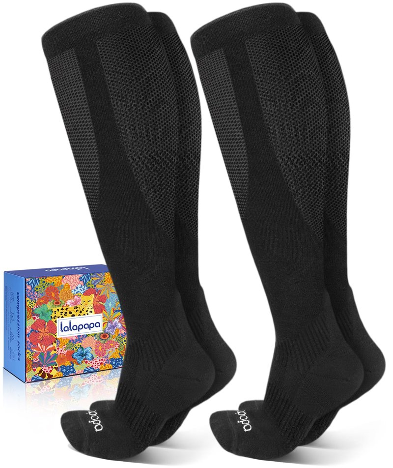Lalapapa Extra Cushion Cotton Compression Socks for Women Men - 20-30mmHg Ankle Arch Support Socks for Flying Travel Nurse, Comfortable Breathable, 2 Pairs Black & Black, L / XL