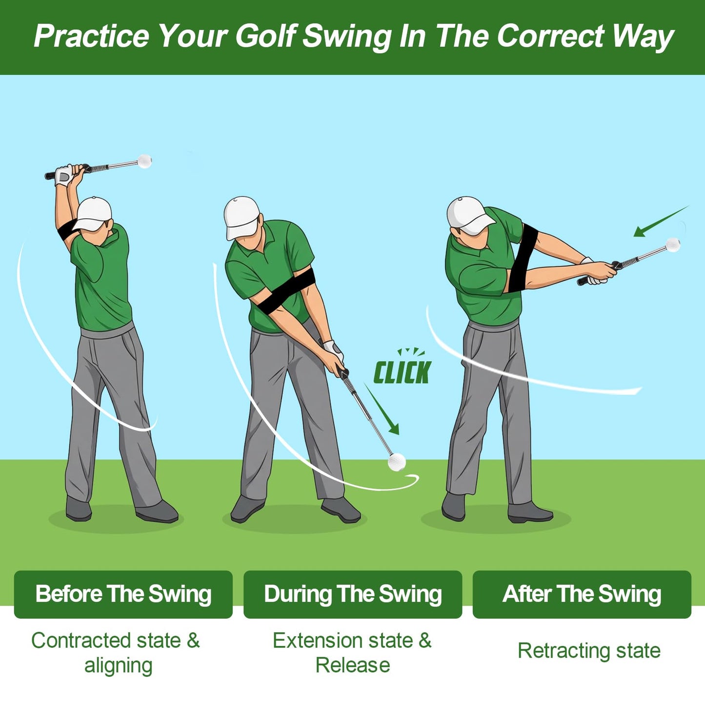 Gruyxen Retractable Golf Swing Trainer with Click Sound & Posture Correction Arm Band, Golf Grip Trainer for Right-Handed, Indoor & Outdoor Training Aid for Beginners to Pros