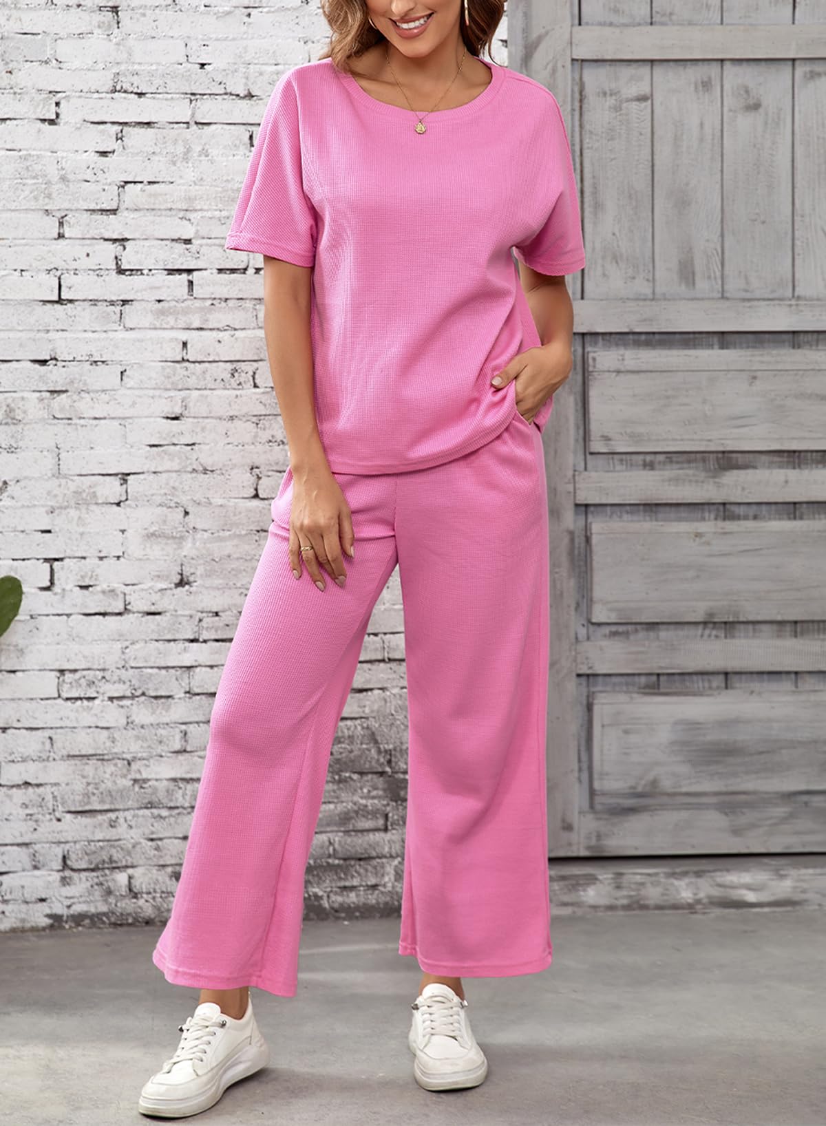 SHEWIN Women's Two 2 Piece Outfits Sweatsuit Lounge Sets for Women 2025 Short Sleeve T Shirts Casual Loose Pants Comfy Tracksuit Set Spring Clothes Pink M