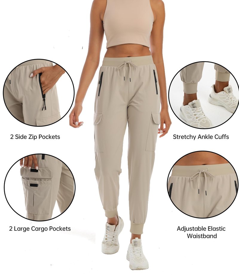 Womens Cargo Hiking Pants with Pocket - Lightweight Quick Dry Workout Joggers for Travel, Camping and Outdoor Wear(Light Beige M)