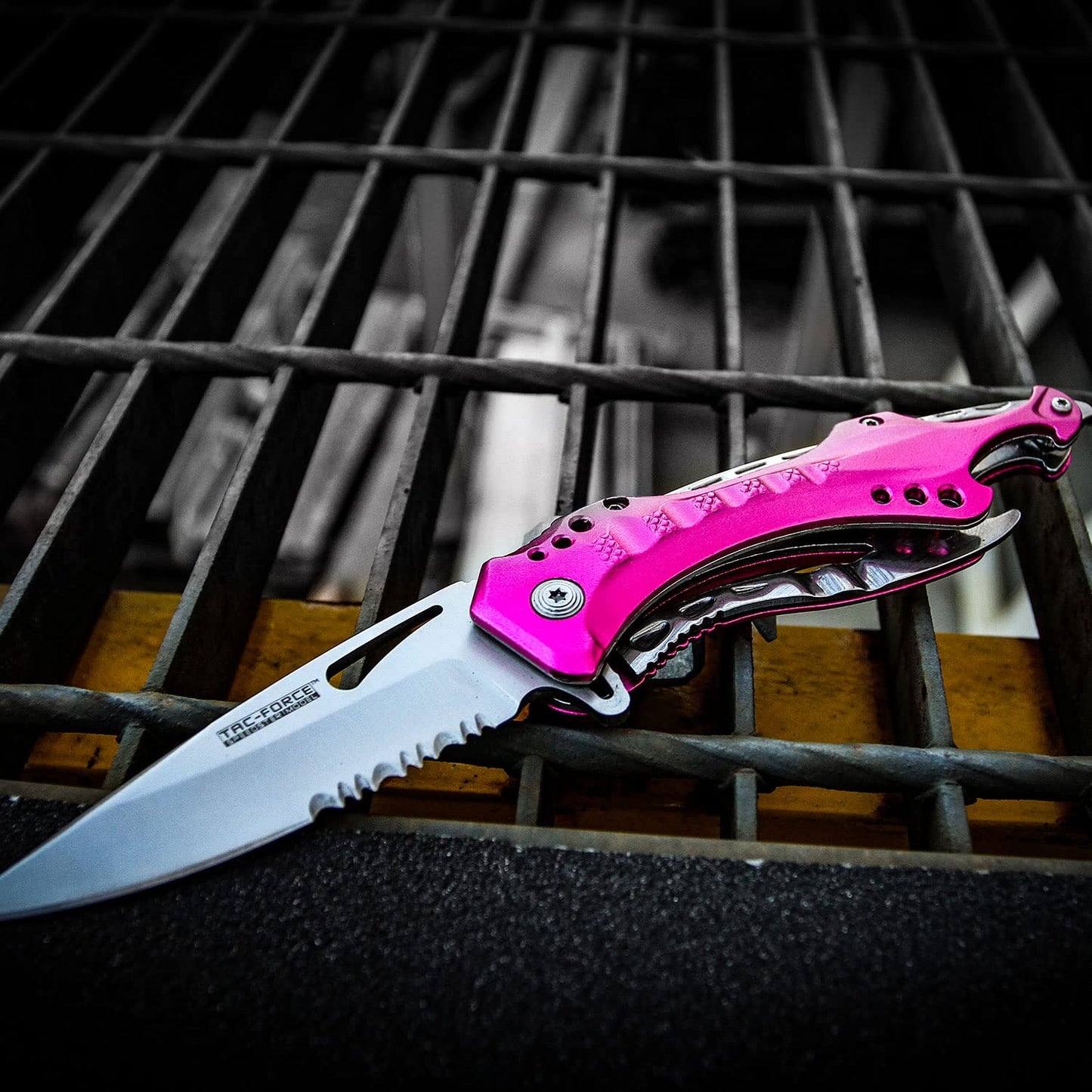 TAC FORCE Spring Assisted Folding Pocket Knife – Black Stainless Steel Blade with Pink Aluminum Handle, Bottle Opener, Glass Punch and Pocket Clip, Tactical, EDC, Rescue - TF-705RD