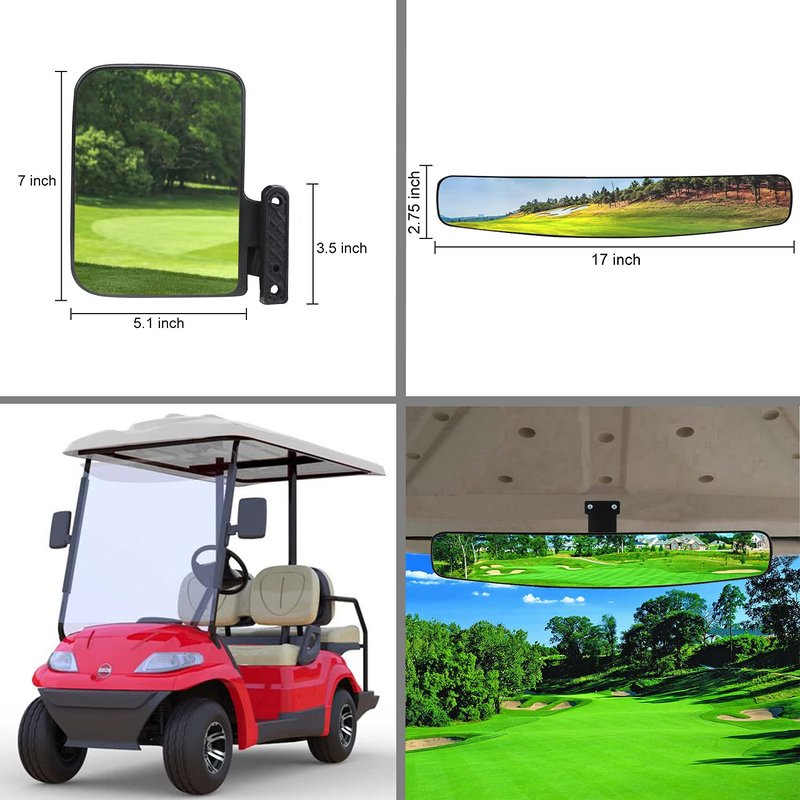HKOO Golf Cart 16.5" Wide Folding Side & Rear Panoramic Mirrors - Fits Club Car, EZGO, Yamaha Combo Pack