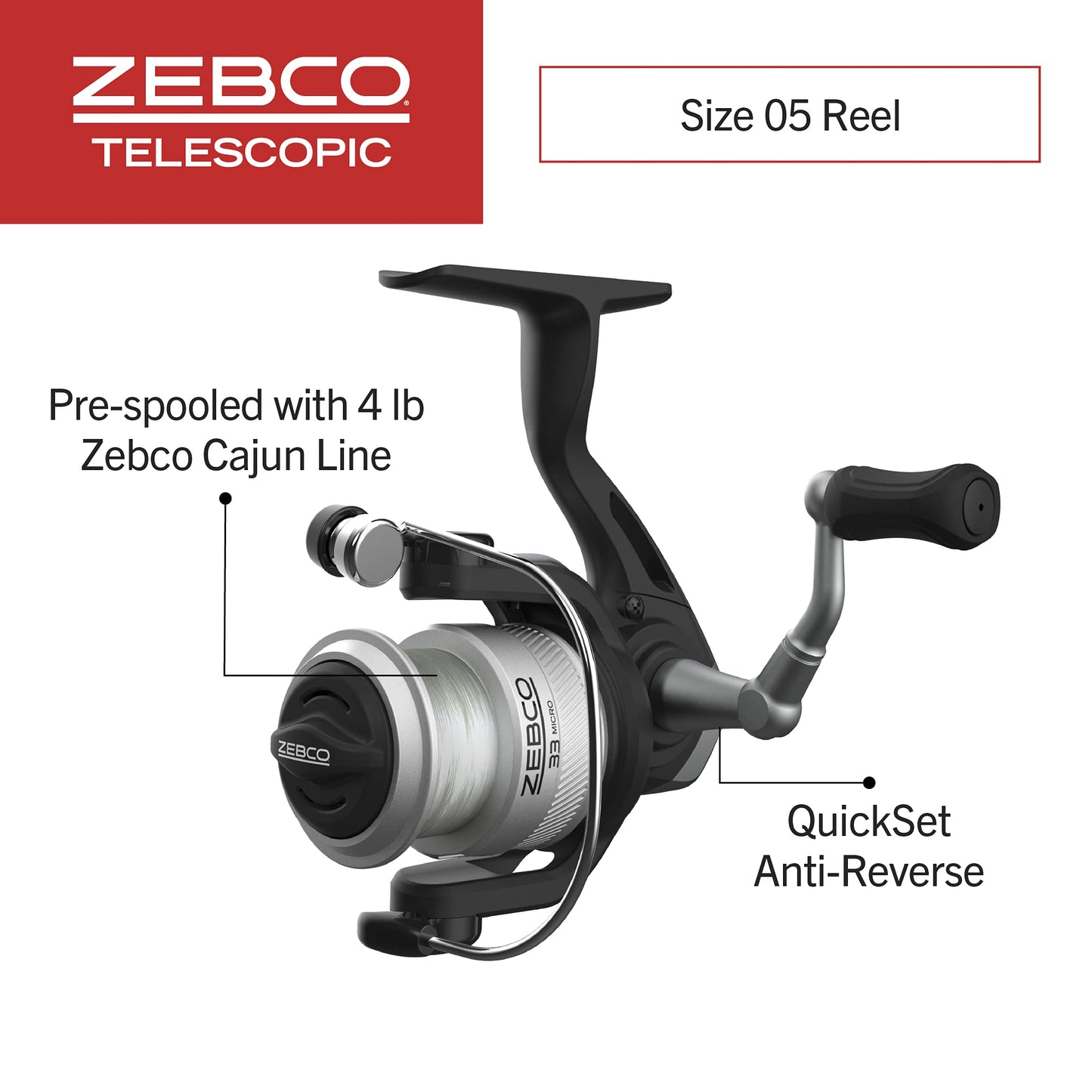 Zebco 33 Micro Triggerspin Spincast Reel and Telescopic Fishing Rod Combo, Extendable 19-Inch to 5-Foot Telescopic Fishing Pole, QuickSet Anti-Reverse Fishing Reel with Bite Alert, Silver/Black