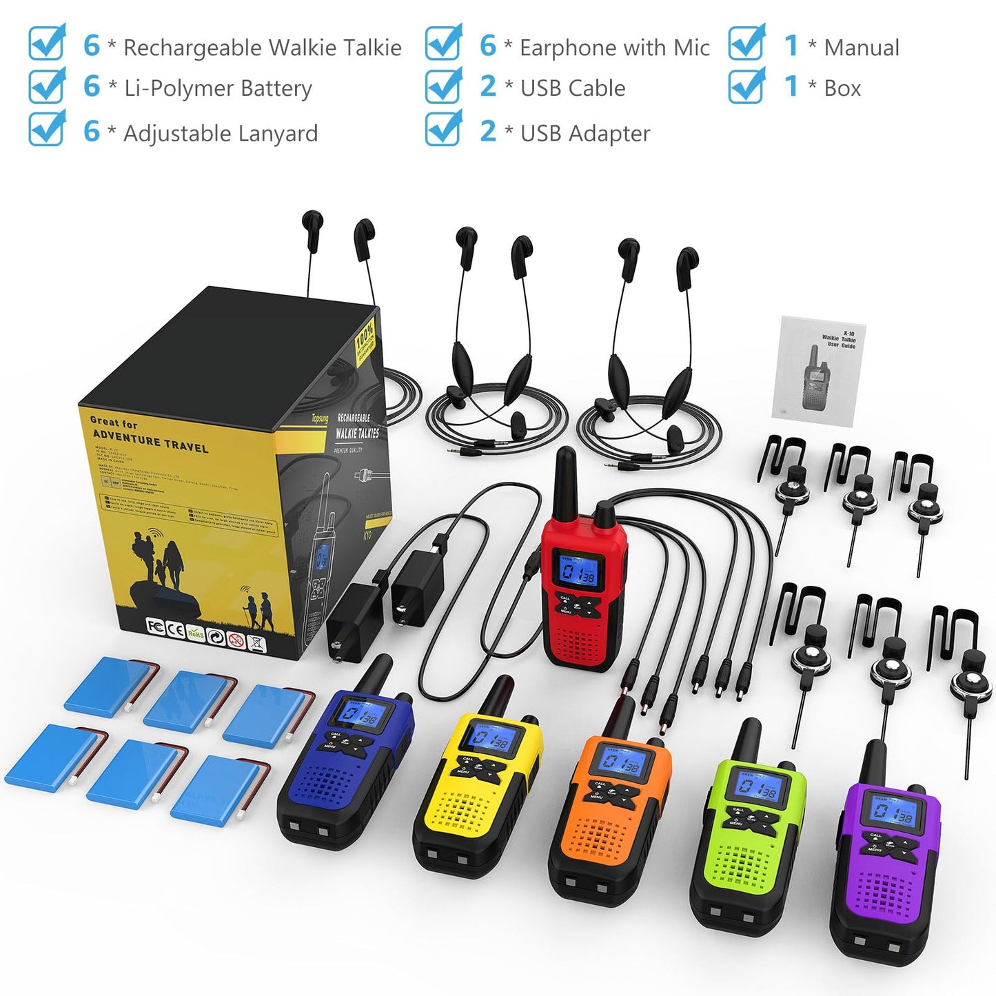 Topsung Walkie Talkies for Adults Long Range Rechargeable with Earpiece NOAA Weather Alert, Multi-purpose 2 Way Radio 6 Pack for Team Work Senior Care Kid Adventure Family Camping Hiking Skiing Cruise