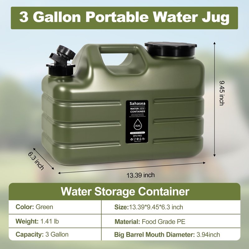 Sahasea 3 Gallon Water Jug, Portable Camping Water Jug Dispenser with Spigot, Leak-Proof Water Storage Containers for Camping, Outdoor, RV, BPA Free Emergency Water Tank, Green