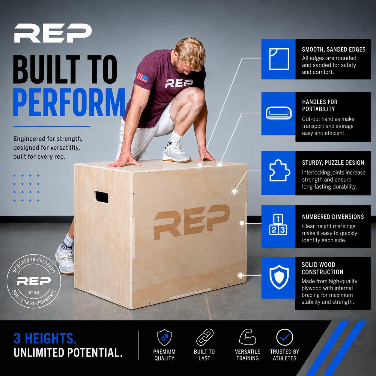 REP Plyometric Wood Jump Box | Strength Training | 16/14/12 Wooden Step Platforms | Gym & Sports Workouts | Fitness, Exercise, Physical Therapy Equipment | Pro Conditioning Tool