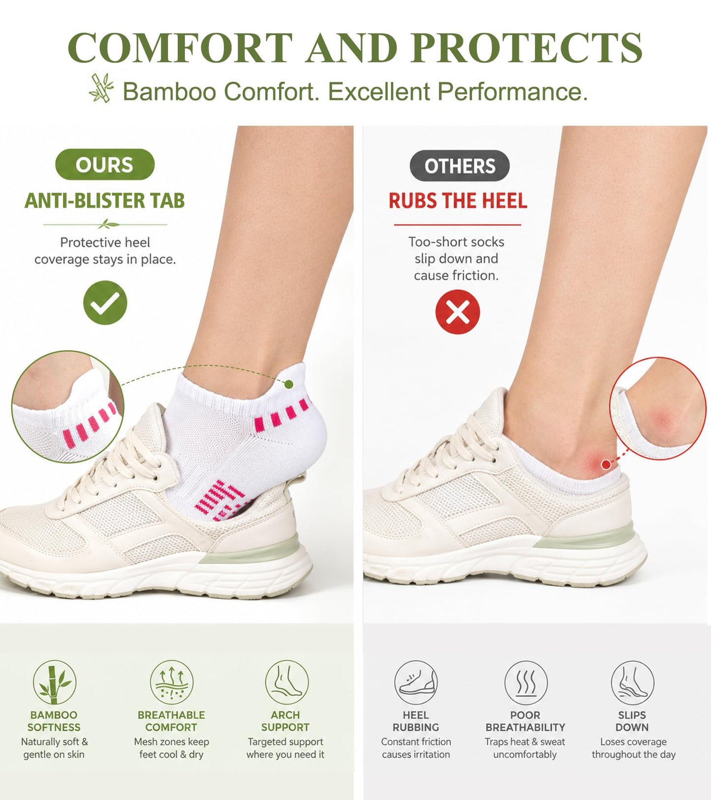 floconssy Ankle Socks for Women, Bamboo Viscose White Cushioned Running Socks Low Cut Athletic Short Footies with Heel Tab 5 Pairs Size 10-12