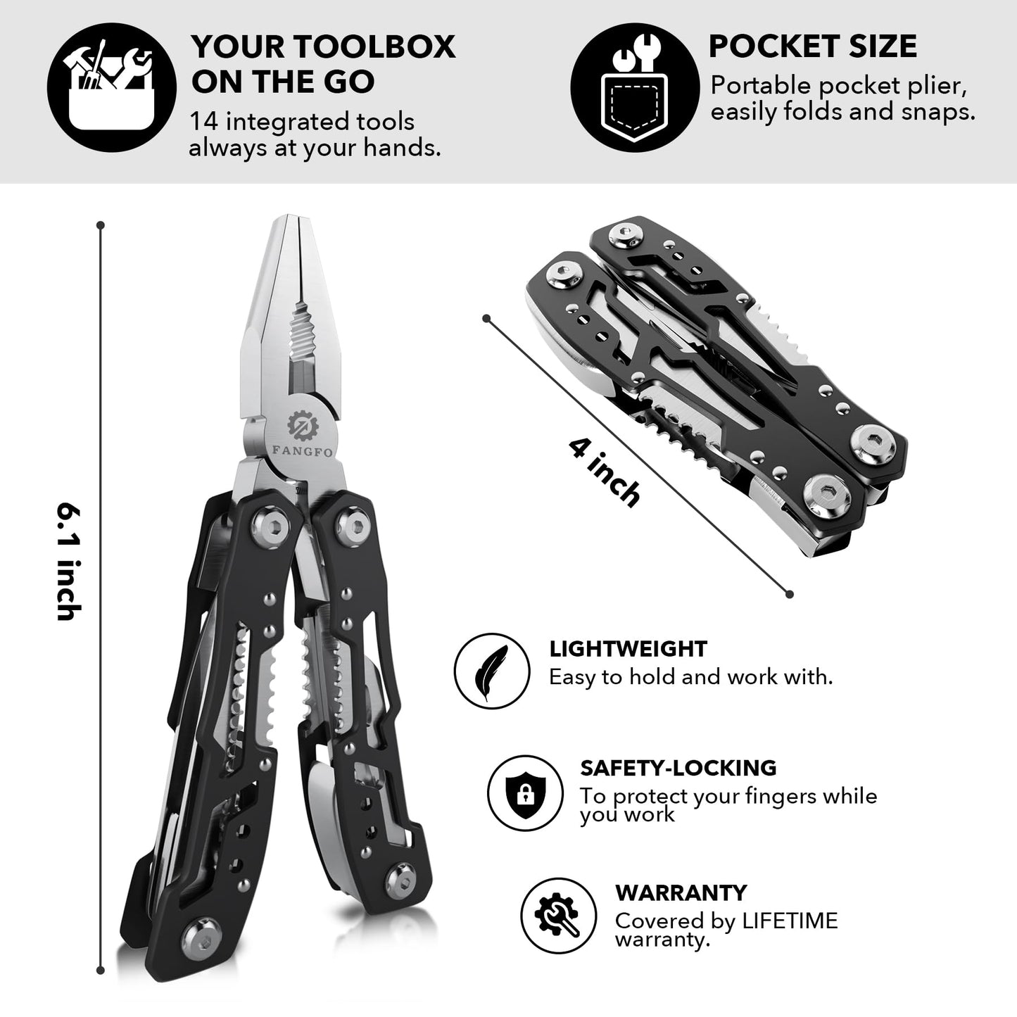 14-In-1 Multitool with Safety Locking, Professional Stainless Steel Multitool Pliers Pocket Knife, Bottle Opener, Screwdriver with Nylon Sheath ，Apply to Survival,Camping, Hunting and Hiking