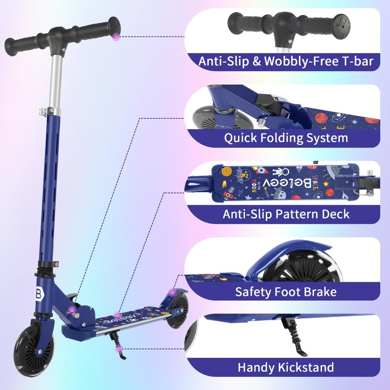 BELEEV Scooters for Kids with Light-Up Wheels & Stem & Deck, 2 Wheel Folding Scooter for Girls Boys, 4 Adjustable Height, Lightweight Kick Scooter with Kickstand for Children Ages 3-12 (Blue)