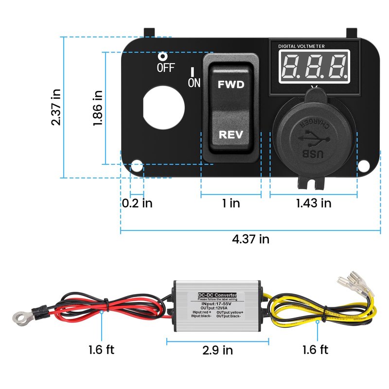 briidea 3 in 1 Multifunctional Integrated Panel with DC 17V-55V Dual QC3.0 USB Fast Charger Socket, LED Wide Range Voltmeter & Forward Reverse Switch, Compatible with EZGO TXT, PDS & Medalist