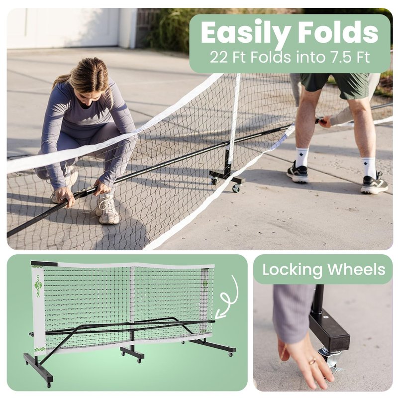 Hyponix Foldable Pickleball Set with Net — 22ft Portable Net with Wheels, Instant Setup, 4 Paddles, 6 Balls & Markers, Regulation Size, Compact Storage, Bag — Backyard, Driveway, Outdoor Games