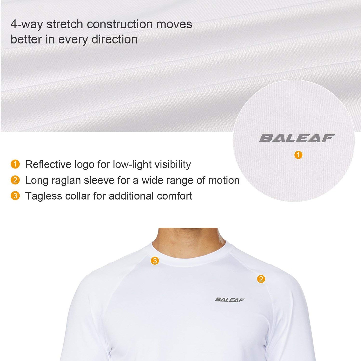 baleaf Men's Long Sleeve Running Shirts Quick Dry Rash Guard Tops White L