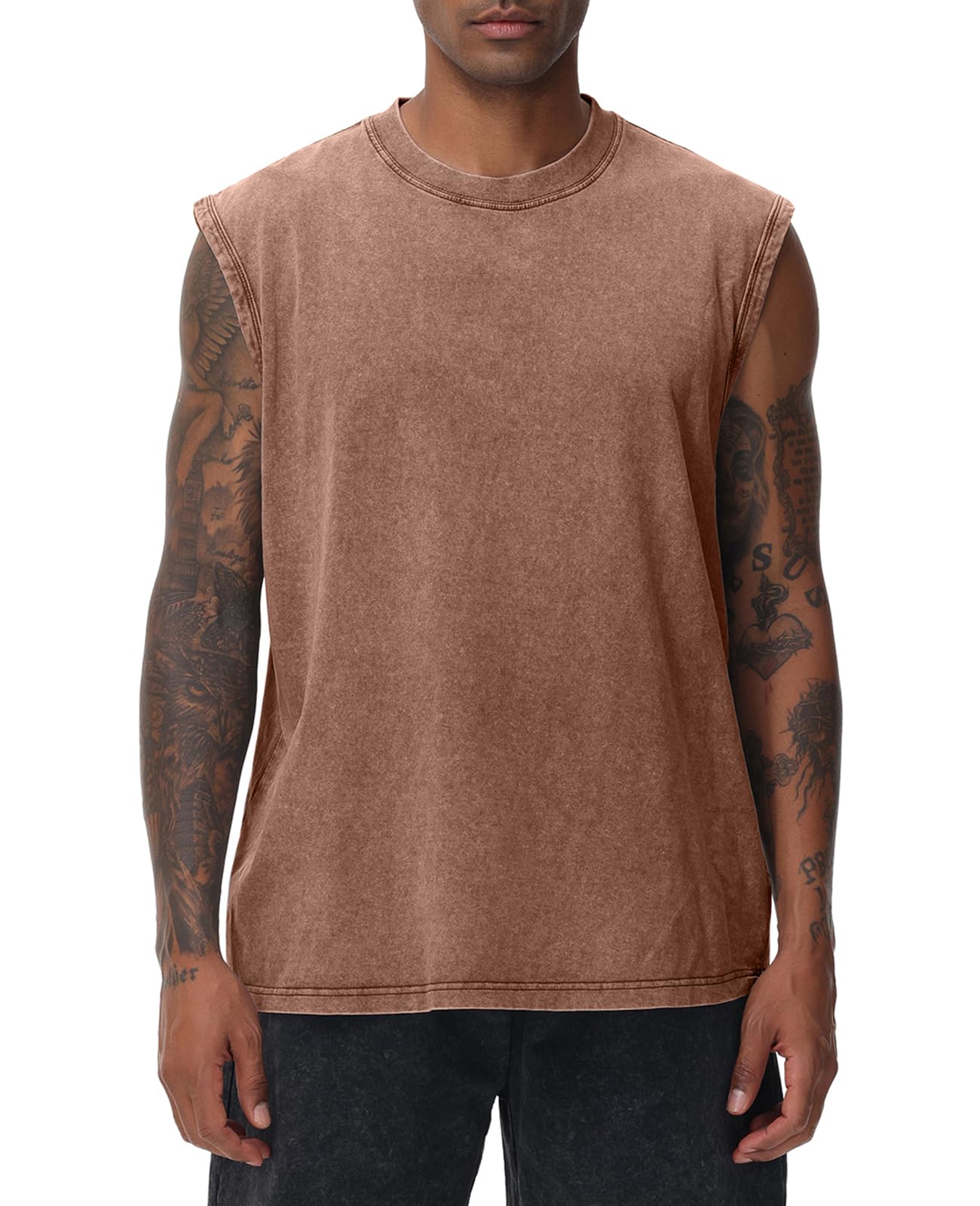 Mens Workout Tank Tops Sleeveless Tee Shirts Men Muscle Shirt Gym Acid Wash T Shirts Running Beach Loose Fit Tee(CF,XL) Coffee