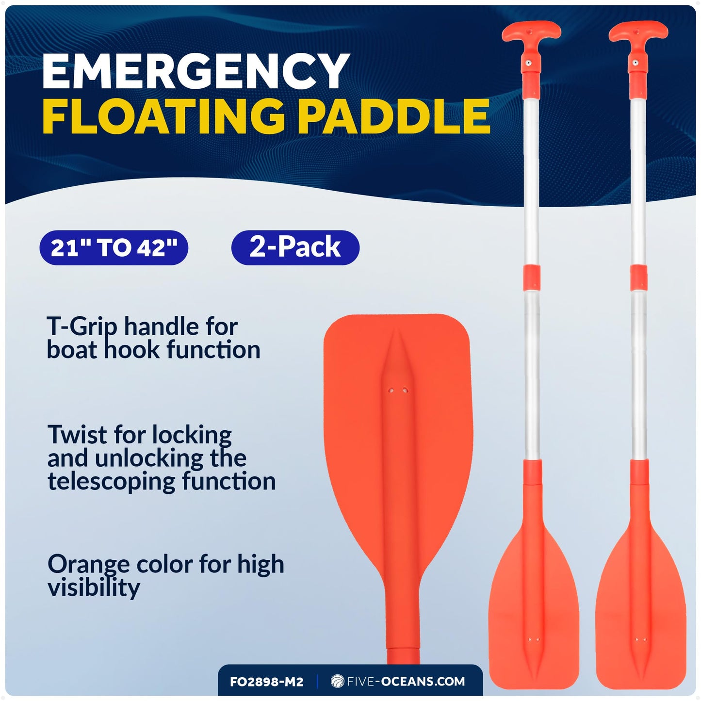 Five Oceans Boat Paddle - Telescoping Paddle, Boat Paddles, Orange Telescoping Paddle, Emergency Paddle, Collapsible Extends from 21" to 42", Easy Storage, Anodized Aluminum Shaft, Round Grip - FO4712