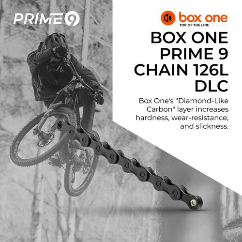 Box One Prime 9 Mountain Bike Chain 126L Finish DLC Black Over Nickel E-Bike/Non E-Bike Single Speed Bicycle Chain Mountain Racing Cycling | MTB 11/12 Speed Wide Narrow/BMX 3/32”