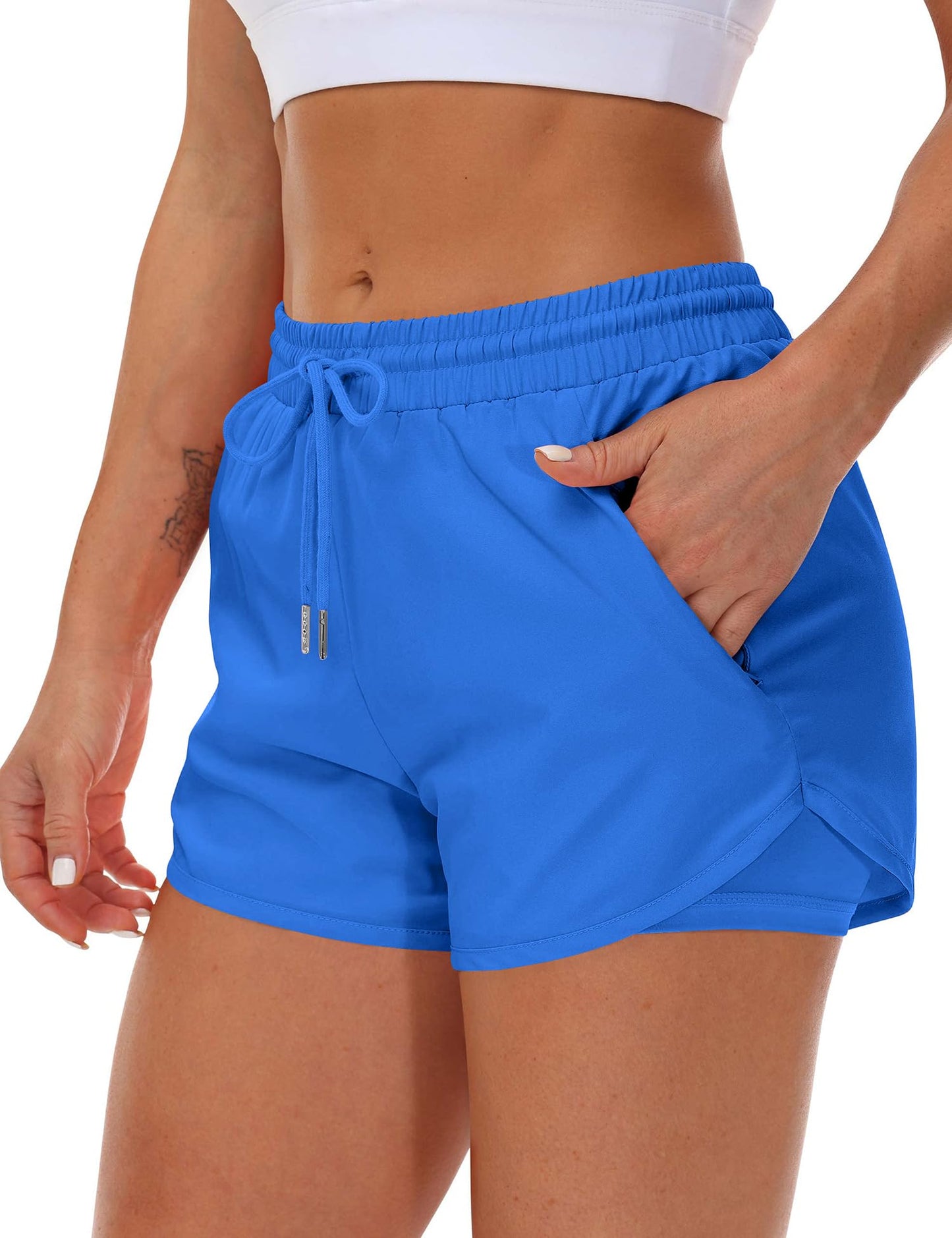 Mancreda Women's Running Shorts with Liner 3 Zipper Pockets Elastic Workout Athletic Gym Yoga Shorts(RB,M)