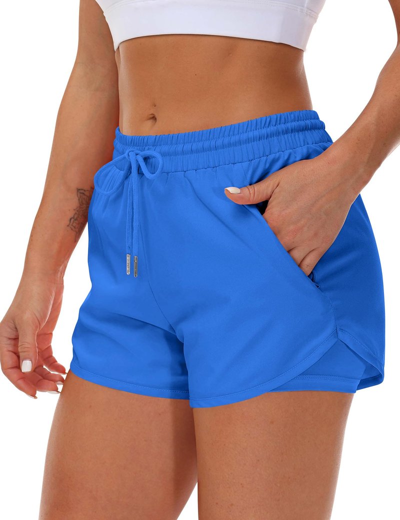 Mancreda Women's Running Shorts with Liner 3 Zipper Pockets Elastic Workout Athletic Gym Yoga Shorts(RB,S)