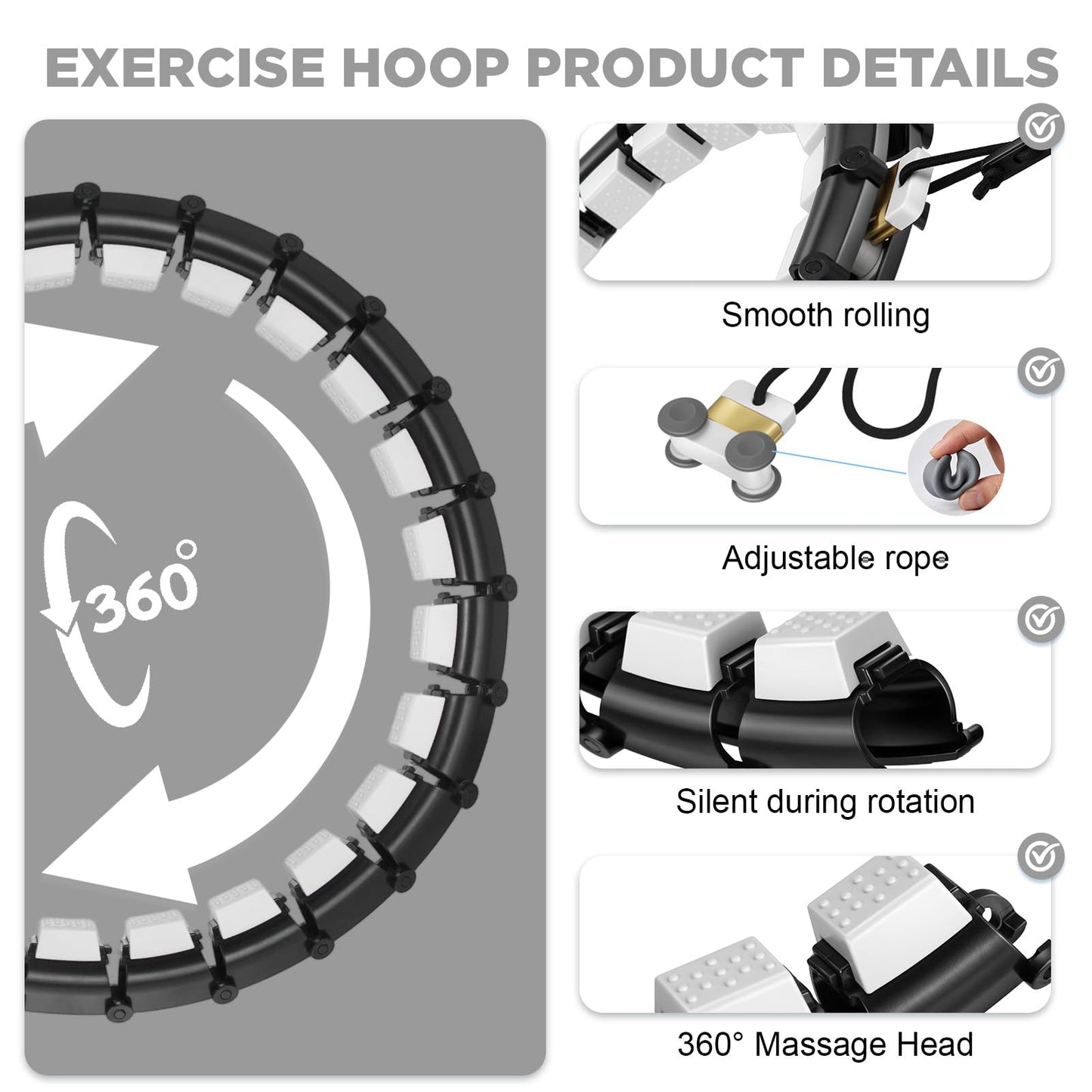 Weighted Infinity Hoop with 24 Detachable Quiet Knots, Hula Circle Hoop for Adults Weight Loss, Exercise Fit Hoop Suitable for Women and Beginners, Smart Adjustable Hoops, Black
