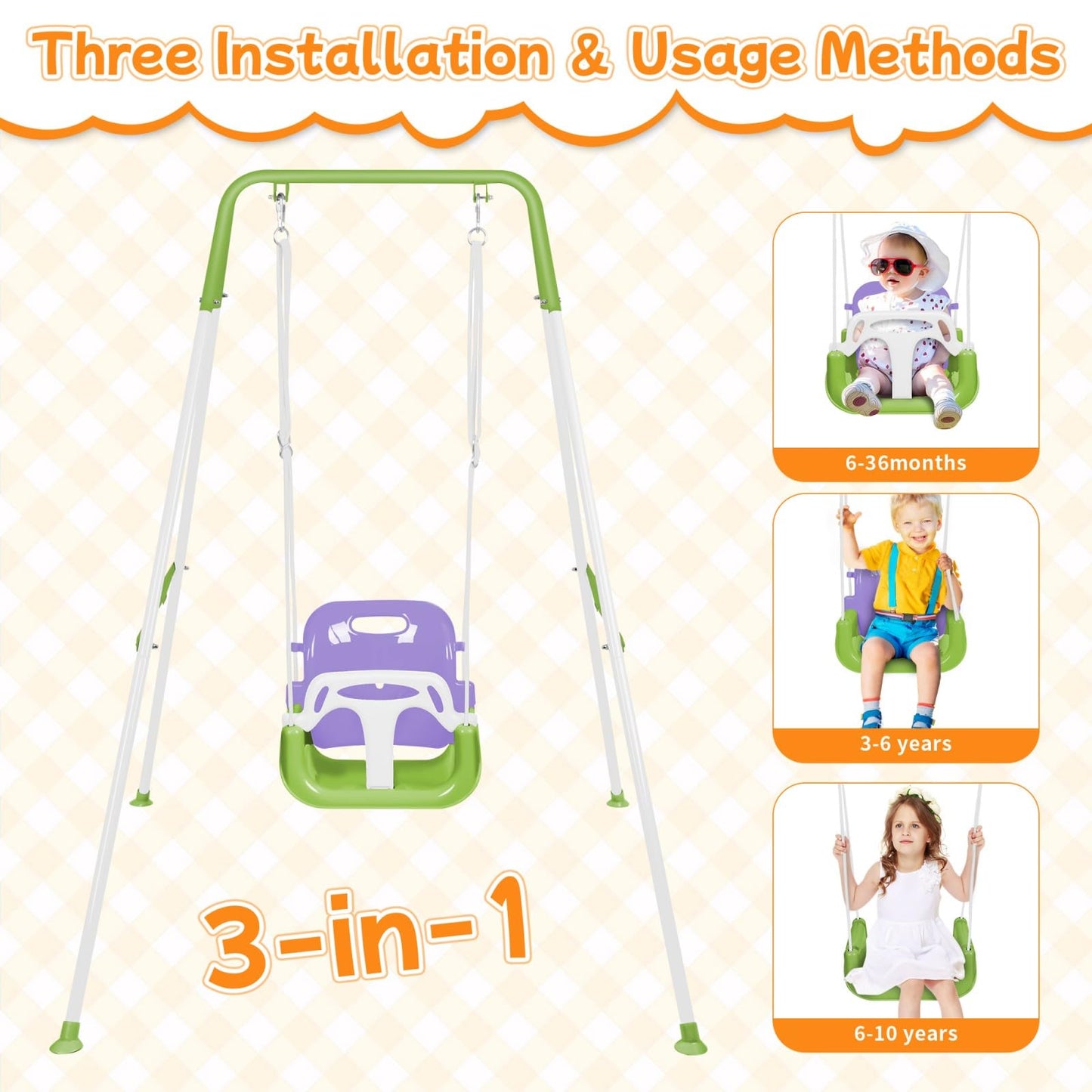 3-in-1 Toddler Swing, Foldable Indoor & Outdoor Baby Swing, Multifunctional Swings for Children 6 Months and Older, Easy to Assemble and Store for Backyard Play (Purple)
