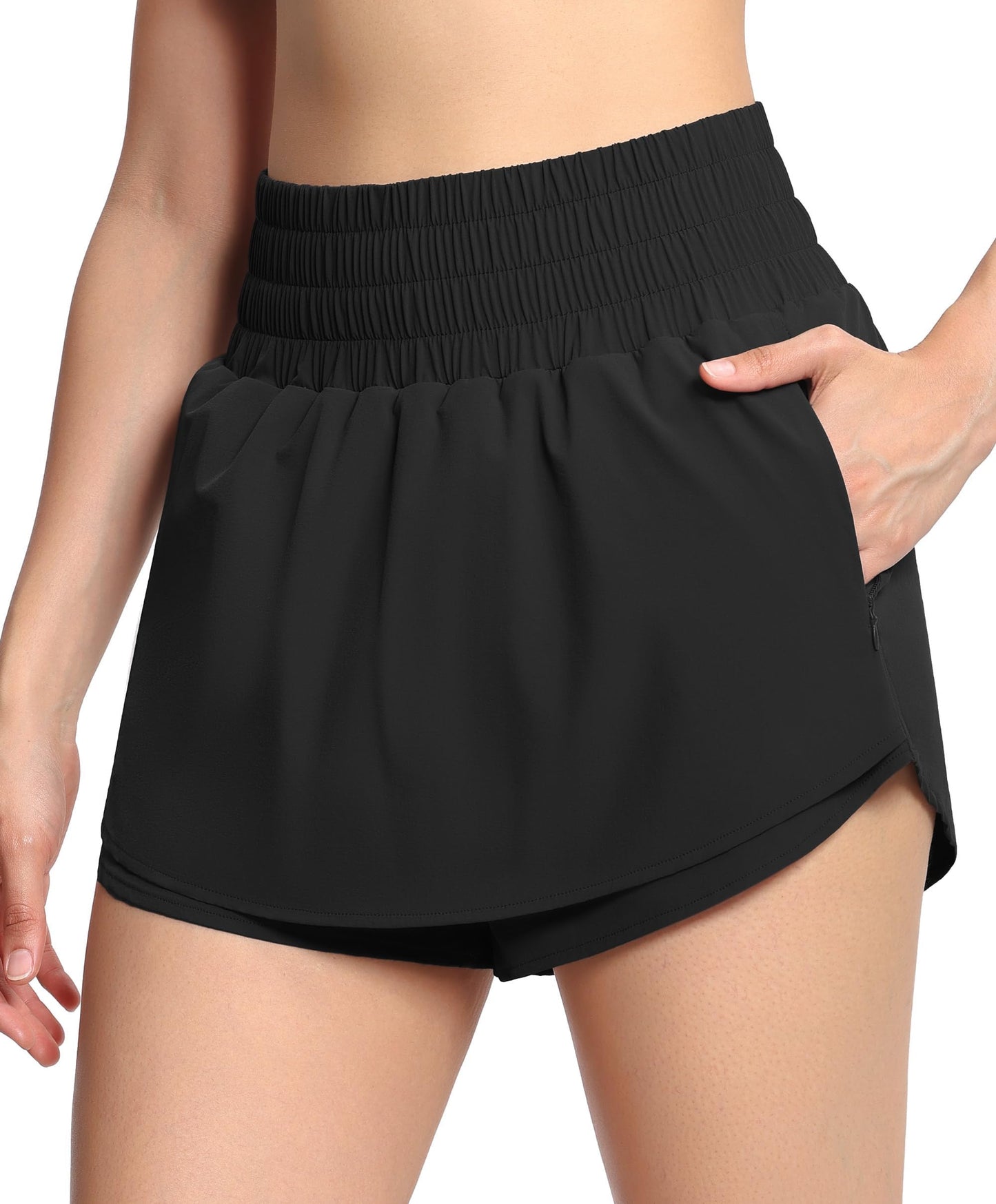 THE GYM PEOPLE Women's Athletic Shorts Elastic Waisted Quick Dry Ruffle Tennis Workout Skorts with Mesh Liner Zip Pockets Black