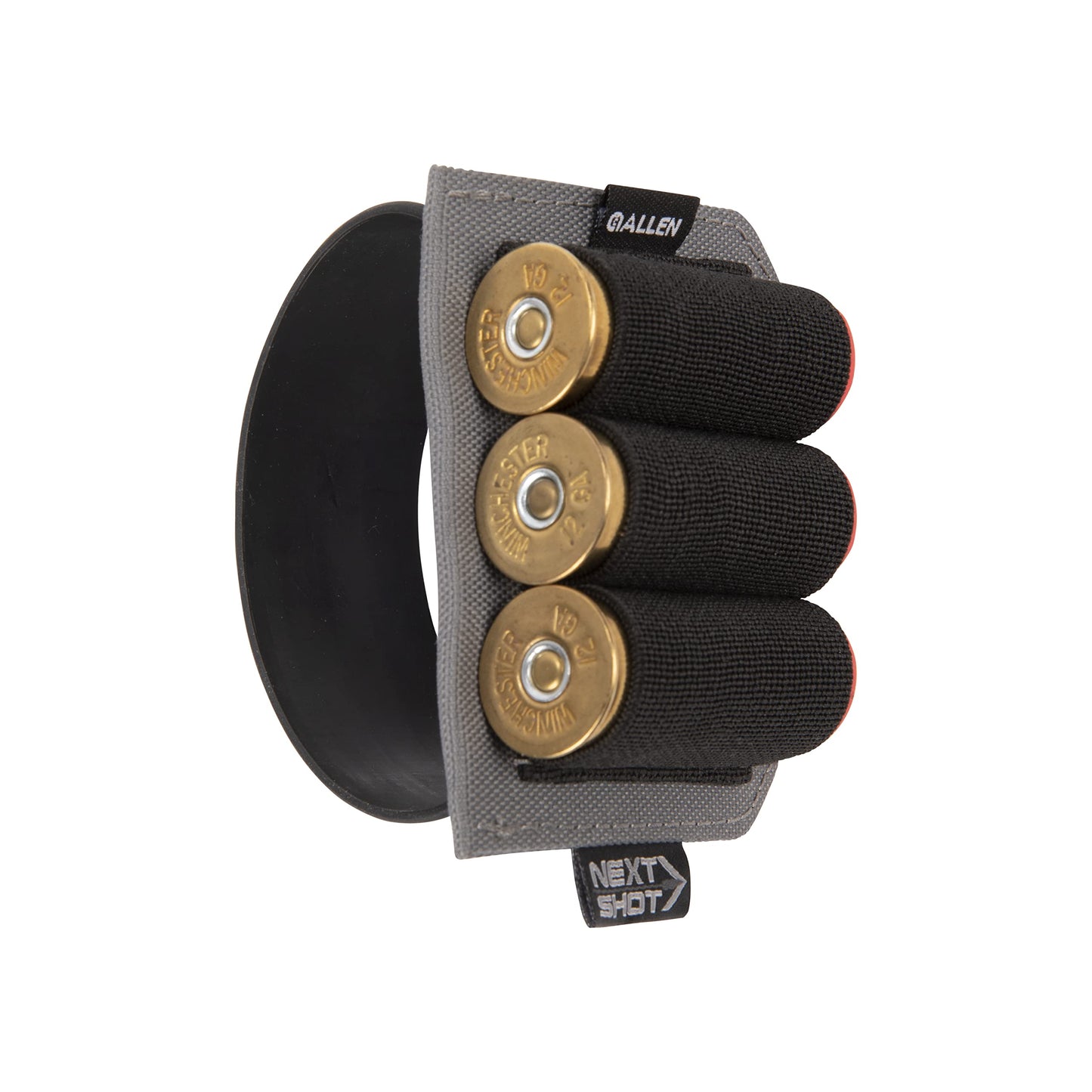 Allen Next Shot Shotgun Shell Carrier - 3 Shell Buttstock Holder for 12, 16, 20 Gauge, Silicone Band, Black/Gray