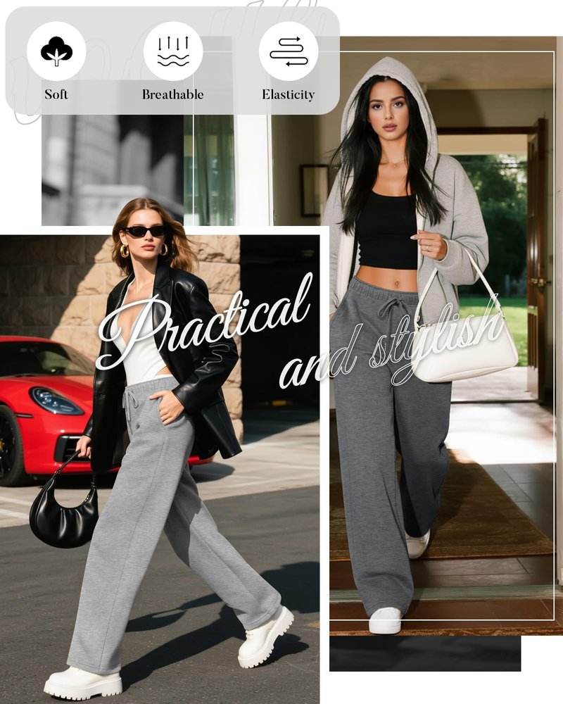 Velvelhall 4 Pack Women's Wide Leg Sweatpants Drawstring Lounge Joggers for Women Straight Pants Elastic Waist with Pockets(Gray, Light Gray, Dark Gray, Black,Medium)