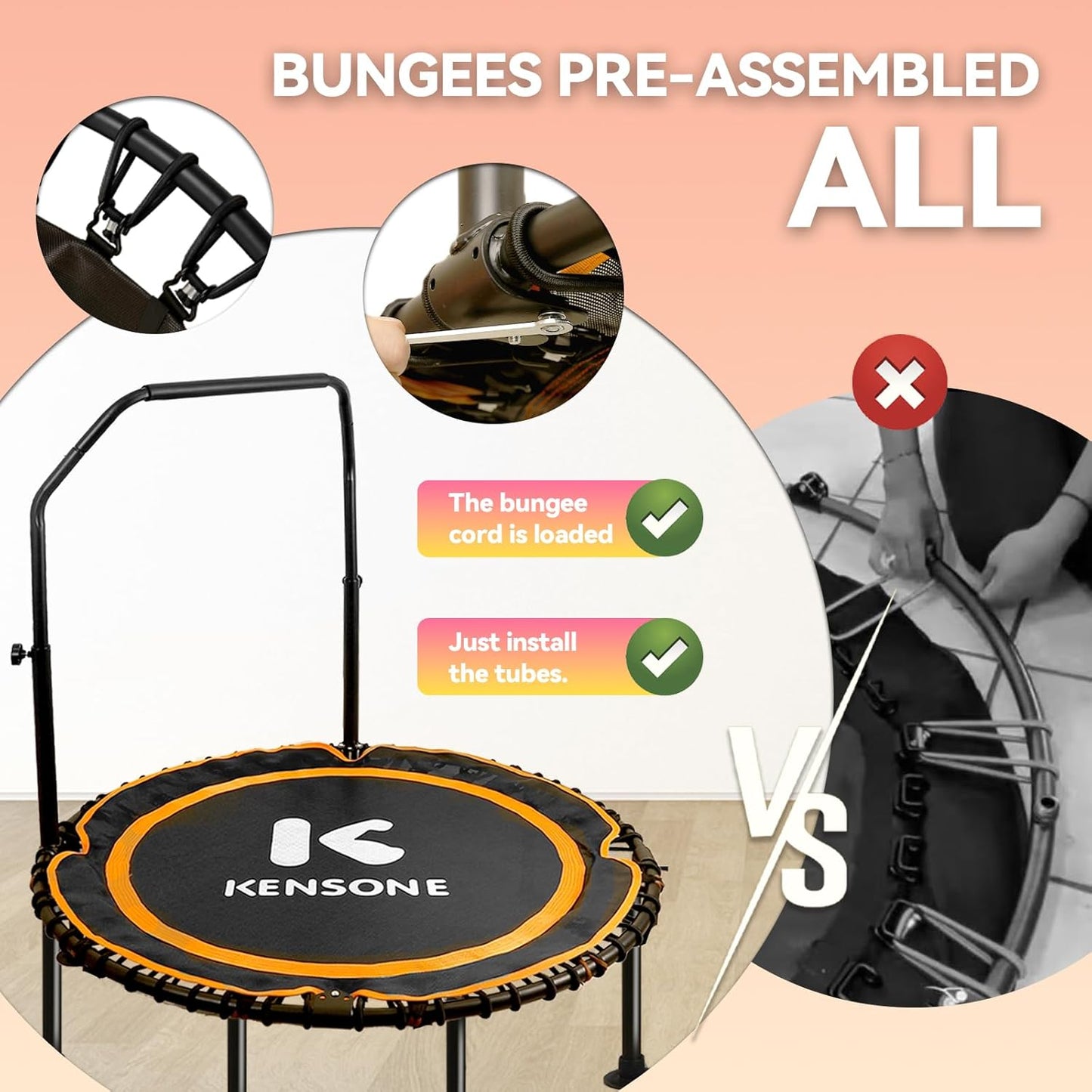 K KENSONE Foldable Rebounder Trampoline for Adults - 450/550 LBS Indoor Fitness Mini Gym Workout