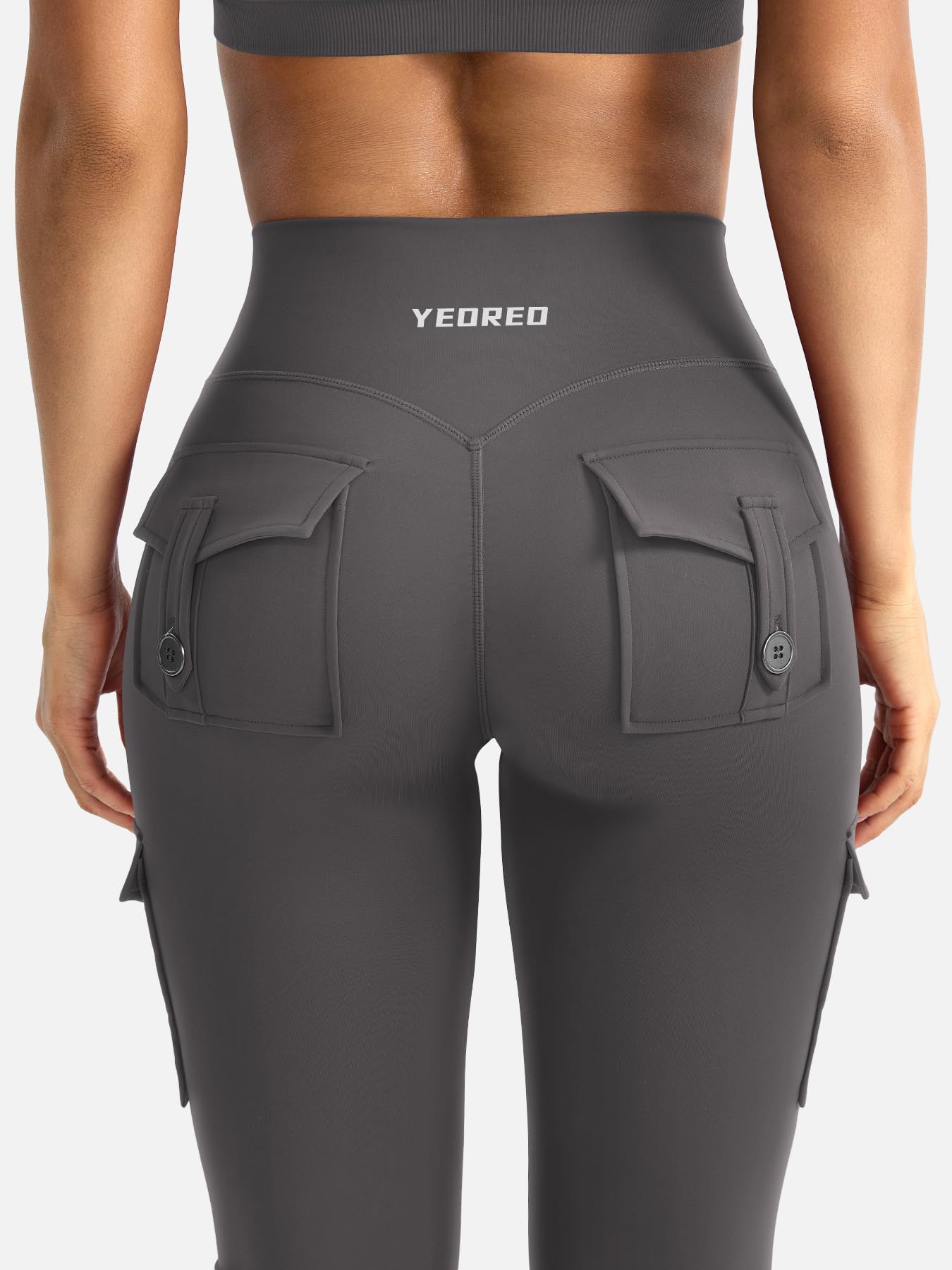 YEOREO CoreFlex Women Workout Flare Leggings with Pockets Scrunch Cargo Gym Yoga Leggings Dark Grey M