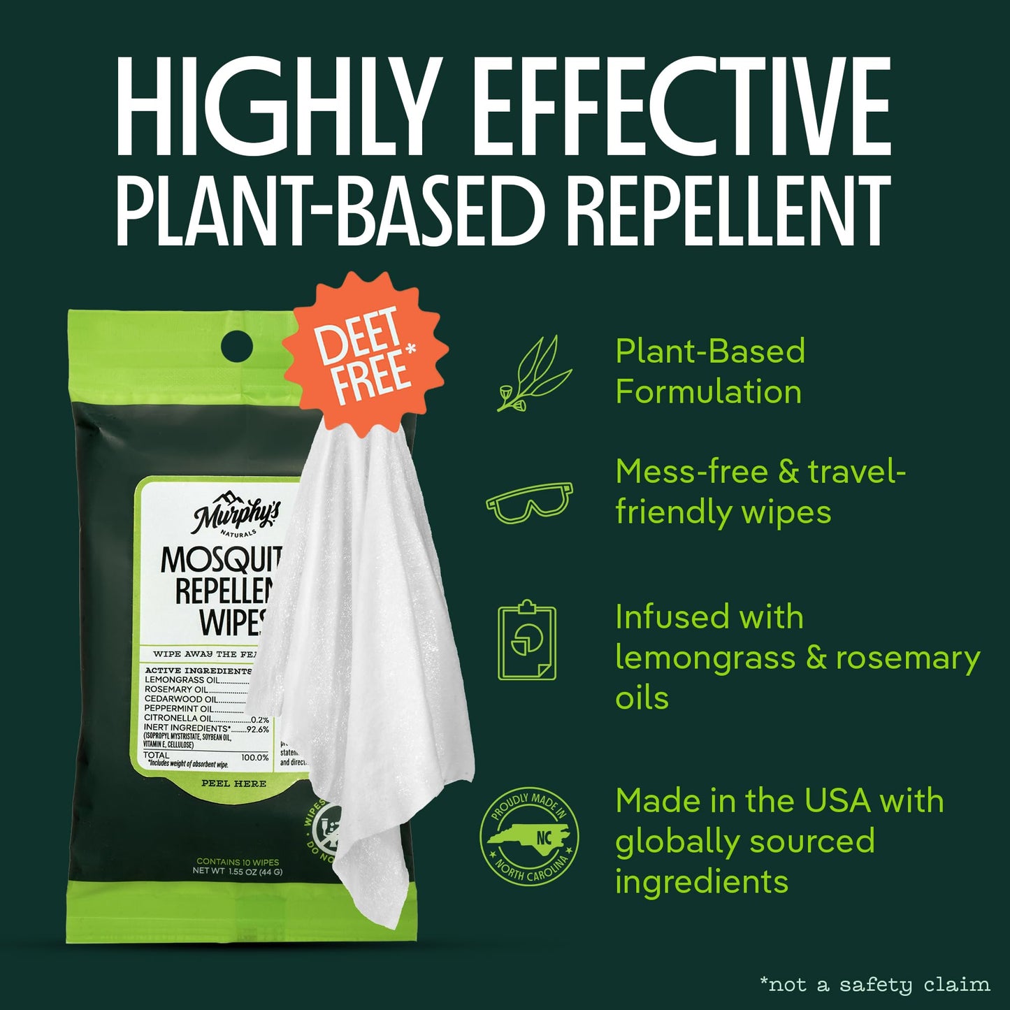 Murphy's Naturals Mosquito Repellent Wipes, Plant-Based, 10 Count Pack of 3