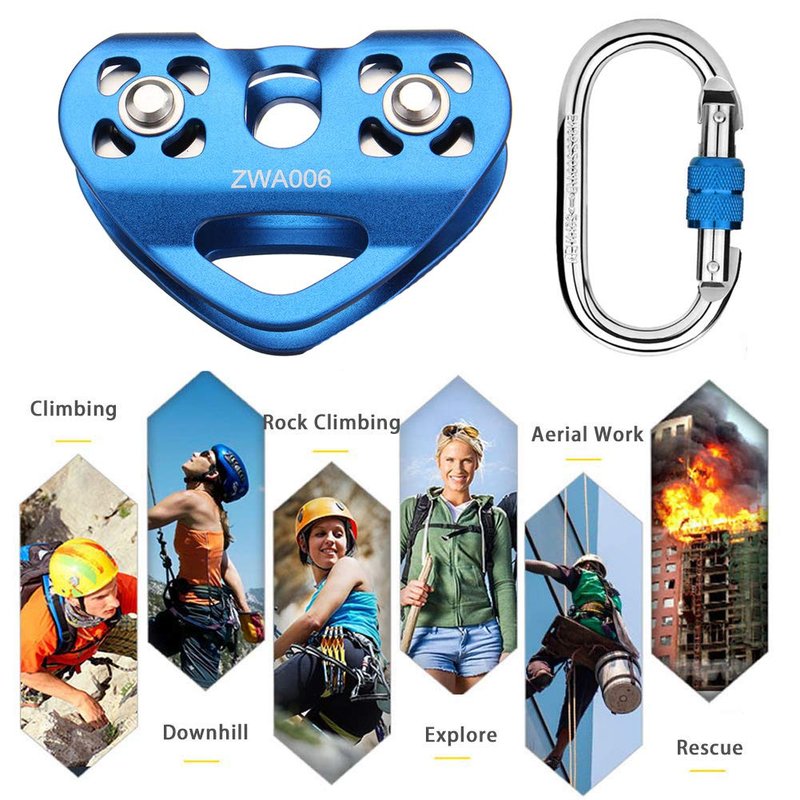 Youngneer Climbing Zip Line Pulley 30KN Double Tandem Speed Dual Trolley with 25kN Carabiner for 1/4 5/16 3/8 1/2 Cable for Zipline Climbing Rescue Pulley