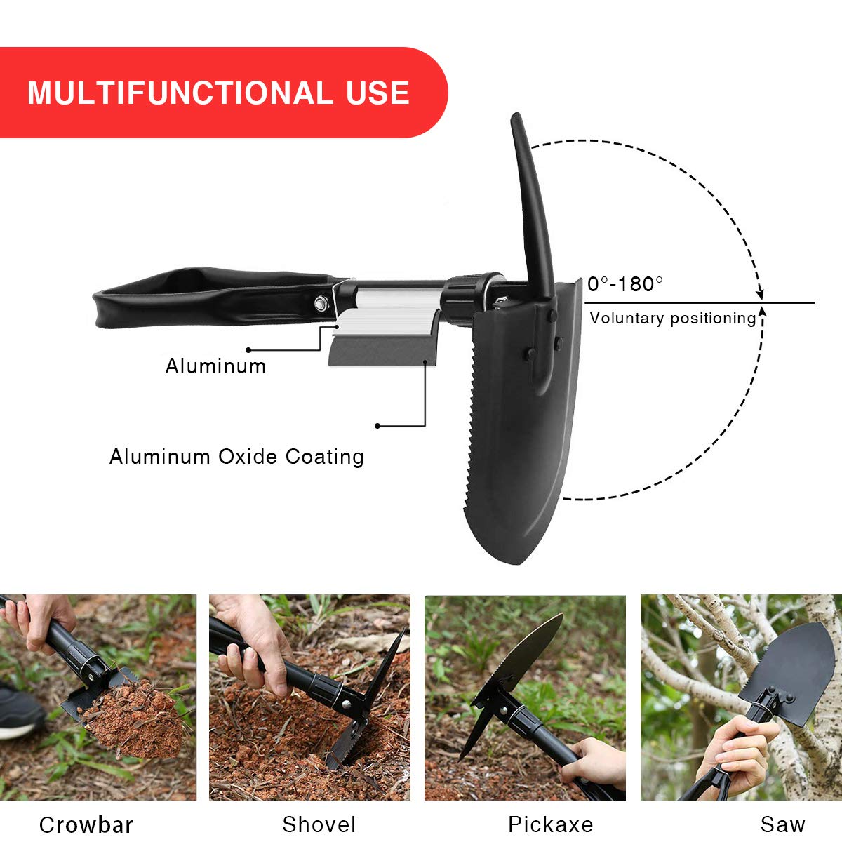 BEHANDY 18.5" Folding Shovel, Collapsible Shovel for Car Snow, Camping Shovel and Pickax, Military Entrenching Tool for Gardening, Camping, Sand, Off Road, Portable Car Emergency kit