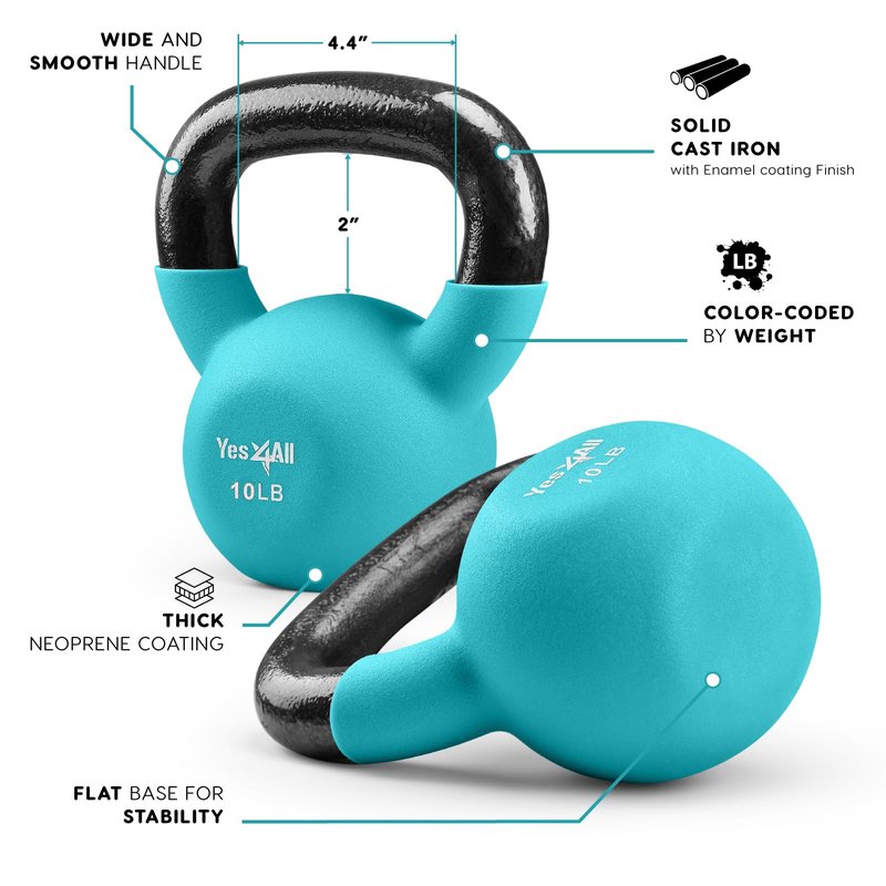 Yes4All Kettlebell, 10 LB Neoprene Coated Cast Iron Kettlebells, Wide Grip Handle & Flat Bottom for Swings, Squats, Deadlifts, Push Ups & Full Body Training at Home Gym