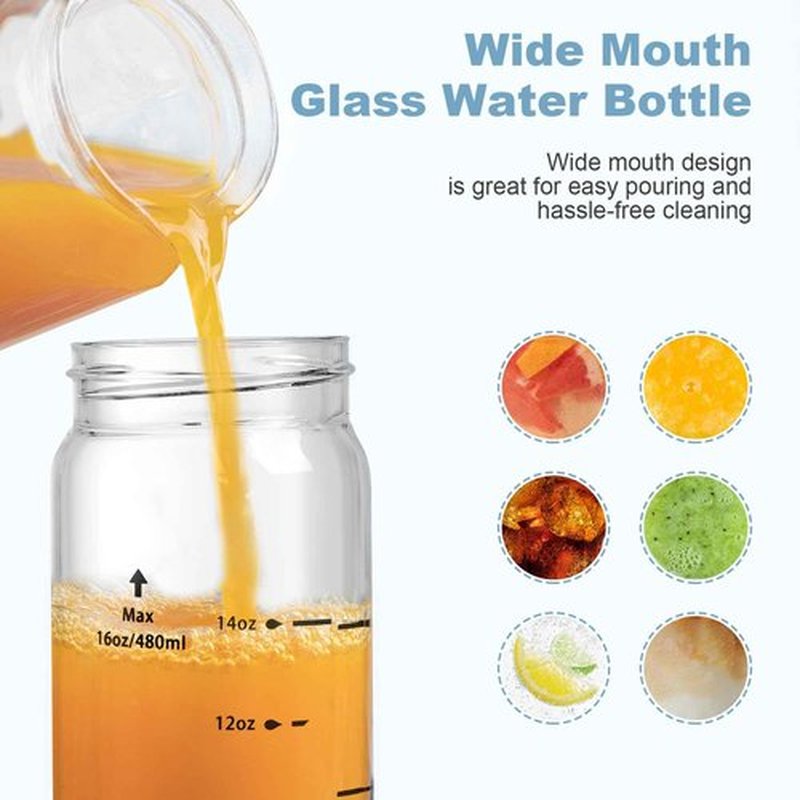 Olivego 16oz Glass Juice Bottles - 6 Pack Wide Mouth Glass Bottles with Lids- BPA Free, Stainless Steel Lids for Juicing, Smoothies, Infused Water, Beverage Storage - Leakproof, Borosilicate, Clear