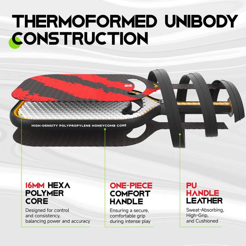 Warping Point Ascent Pickleball Paddles | Carbon Fiber Pickleball Racket with Aero Throat | Textured Grit Surface | 16mm Hexa Polymer Core | USAPA Approved | Designed for Power & Spin | Red