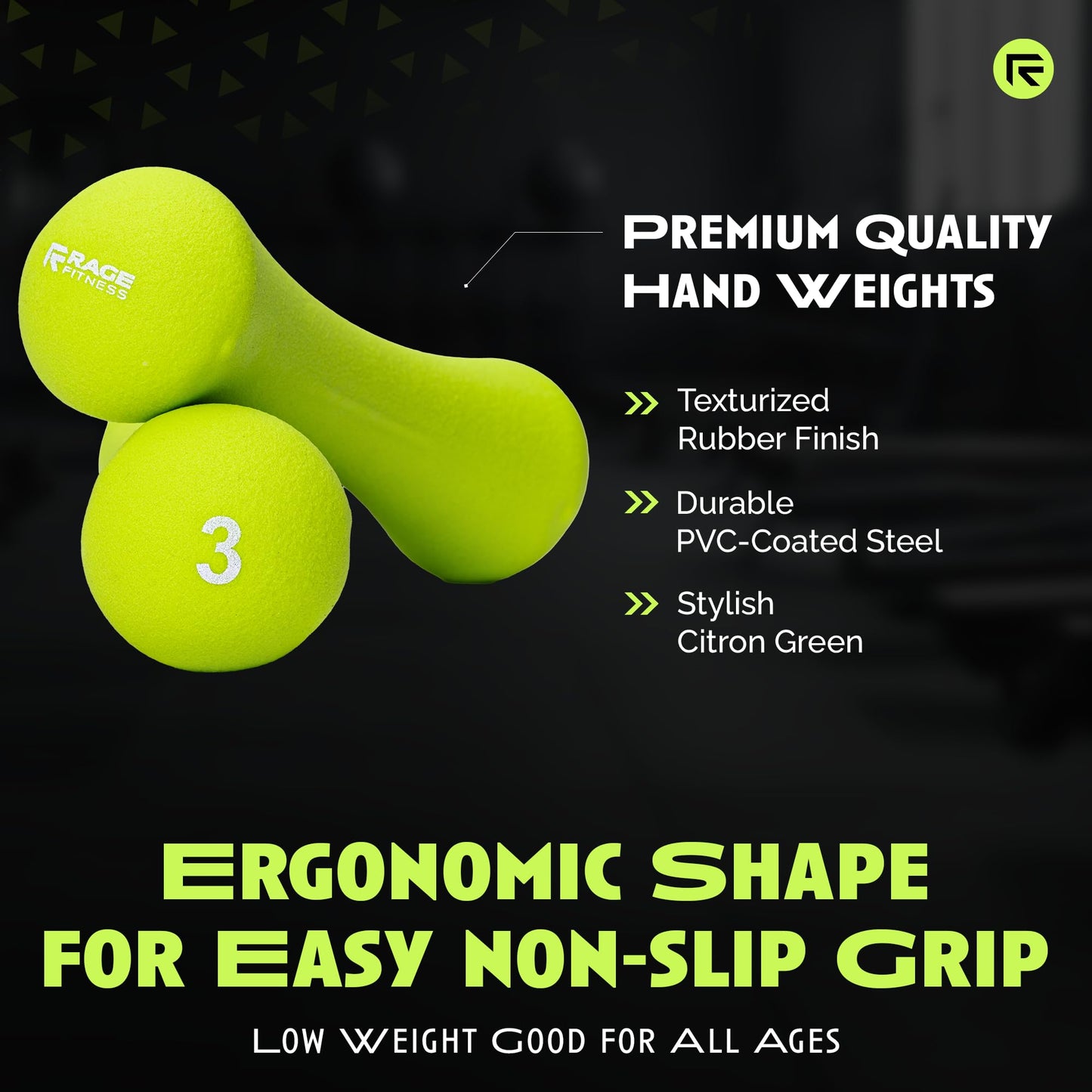 Rage Fitness Hand Weights, PVC Coated Steel, Texturized Rubber, Anti-Slip Grip - Dumbbell Set of 2 (3 lb), Home Gym Strength Training Free Weights For Men, Women of All Ages